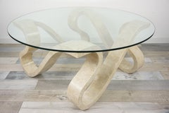 Tessellated Travertine Marquetry and Round Glass Tray Coffee Table