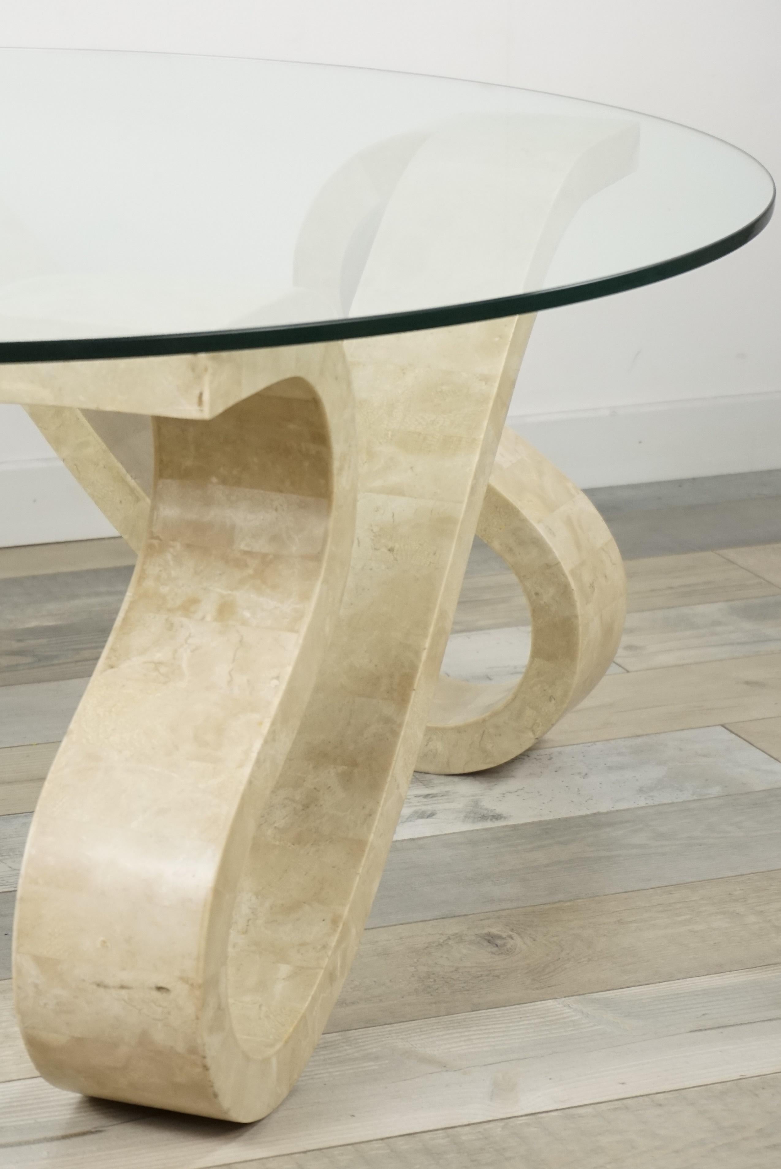 Tessellated Travertine Marquetry and Round Glass Tray Coffee Table (Hollywood Regency)