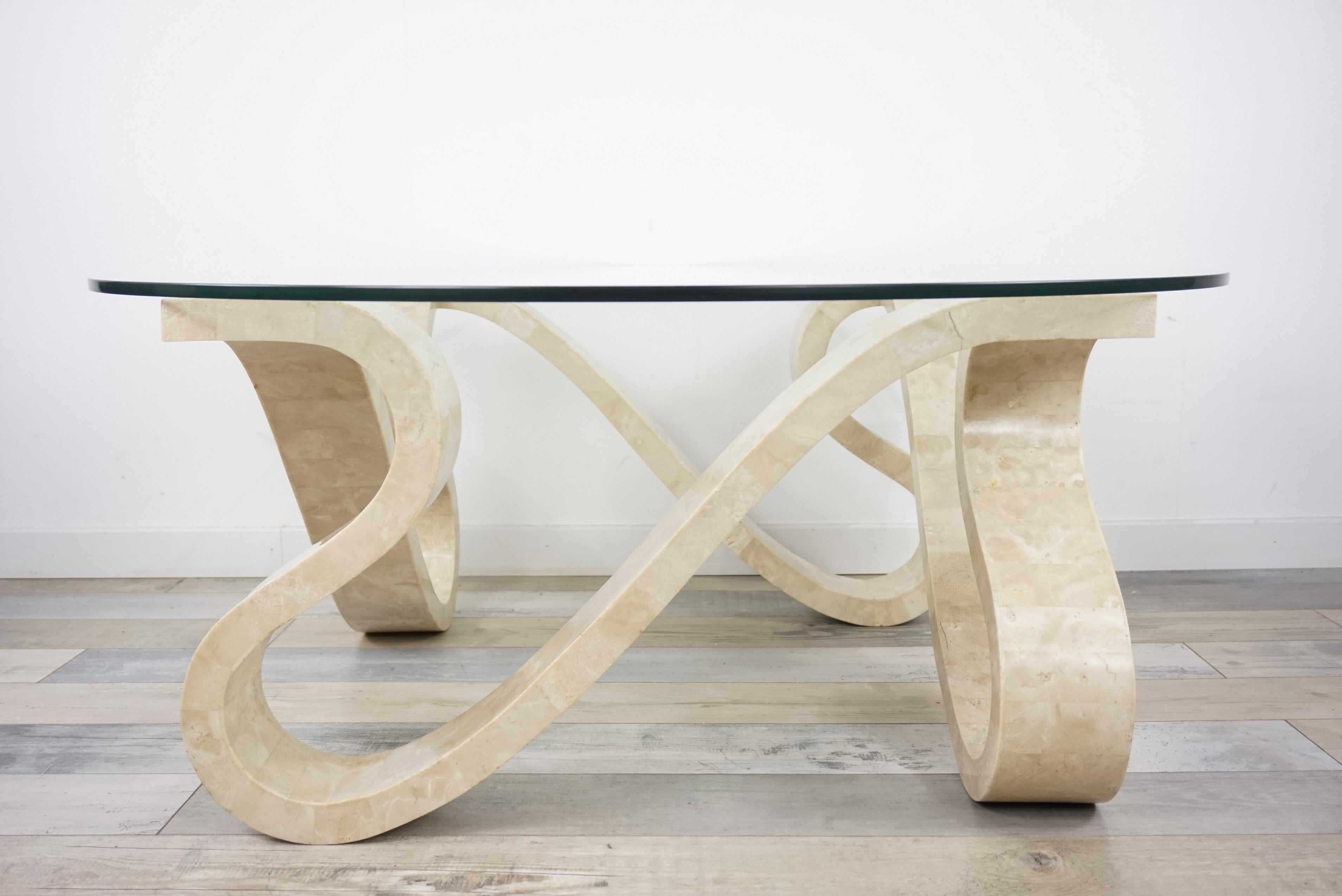 Tessellated Travertine Marquetry and Round Glass Tray Coffee Table 2