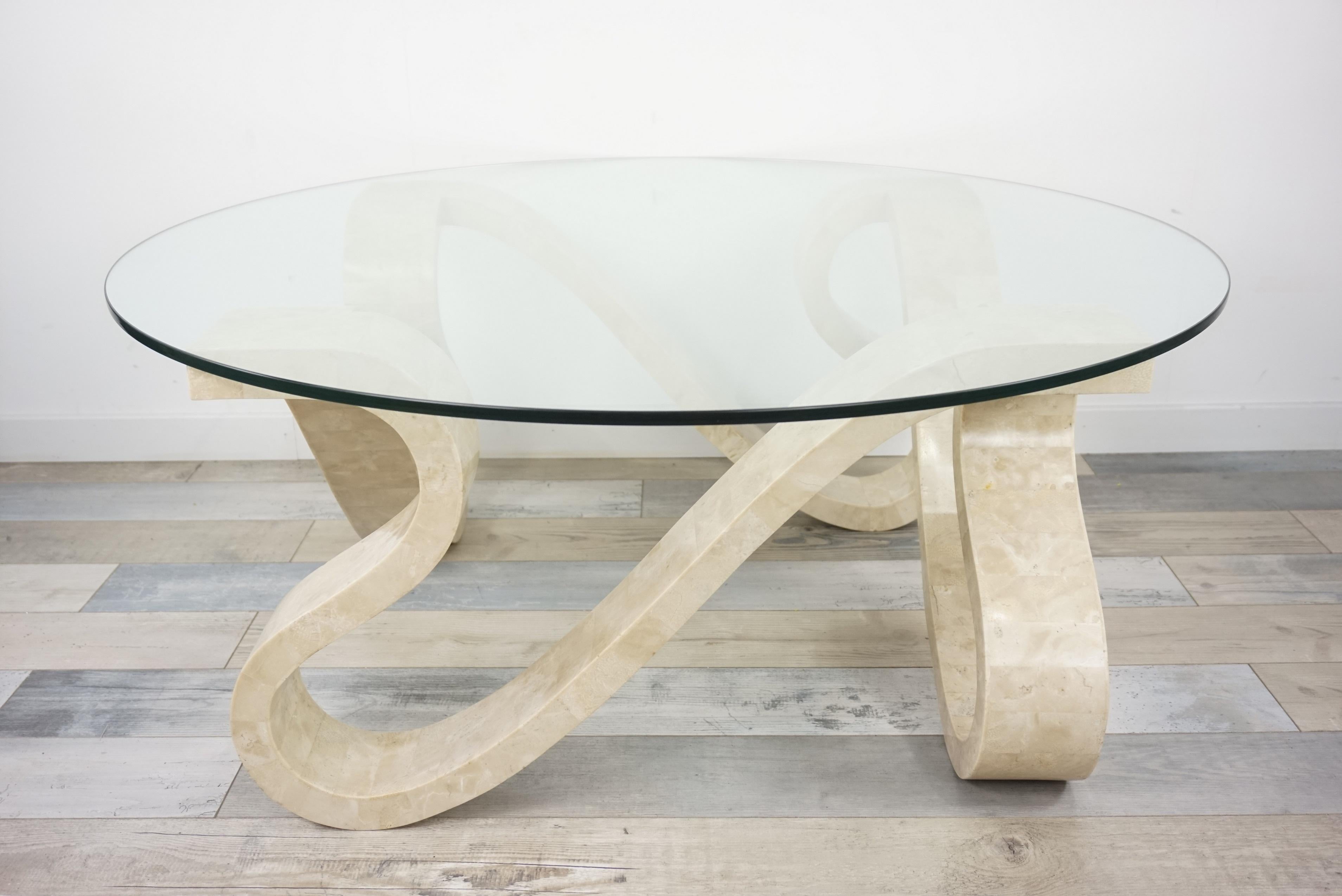 Tessellated Travertine Marquetry and Round Glass Tray Coffee Table 3