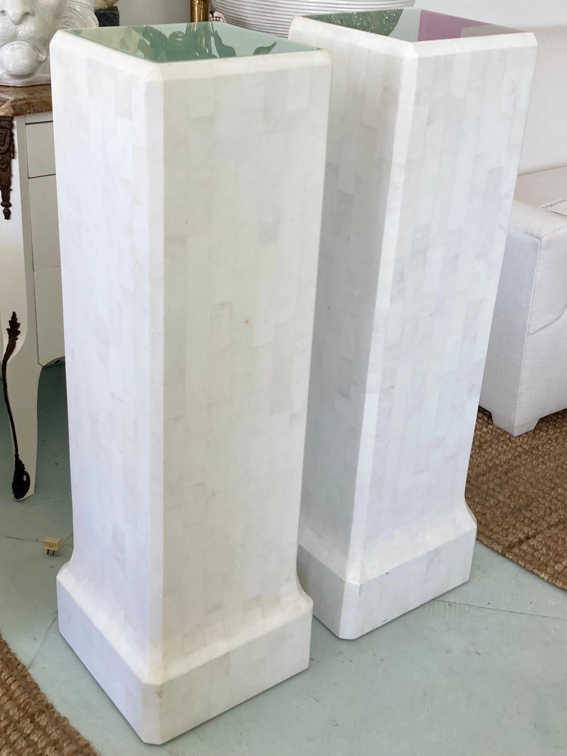 Modern Tessellated White Marble Pedestals With Lighted Surfaces, a Pair For Sale