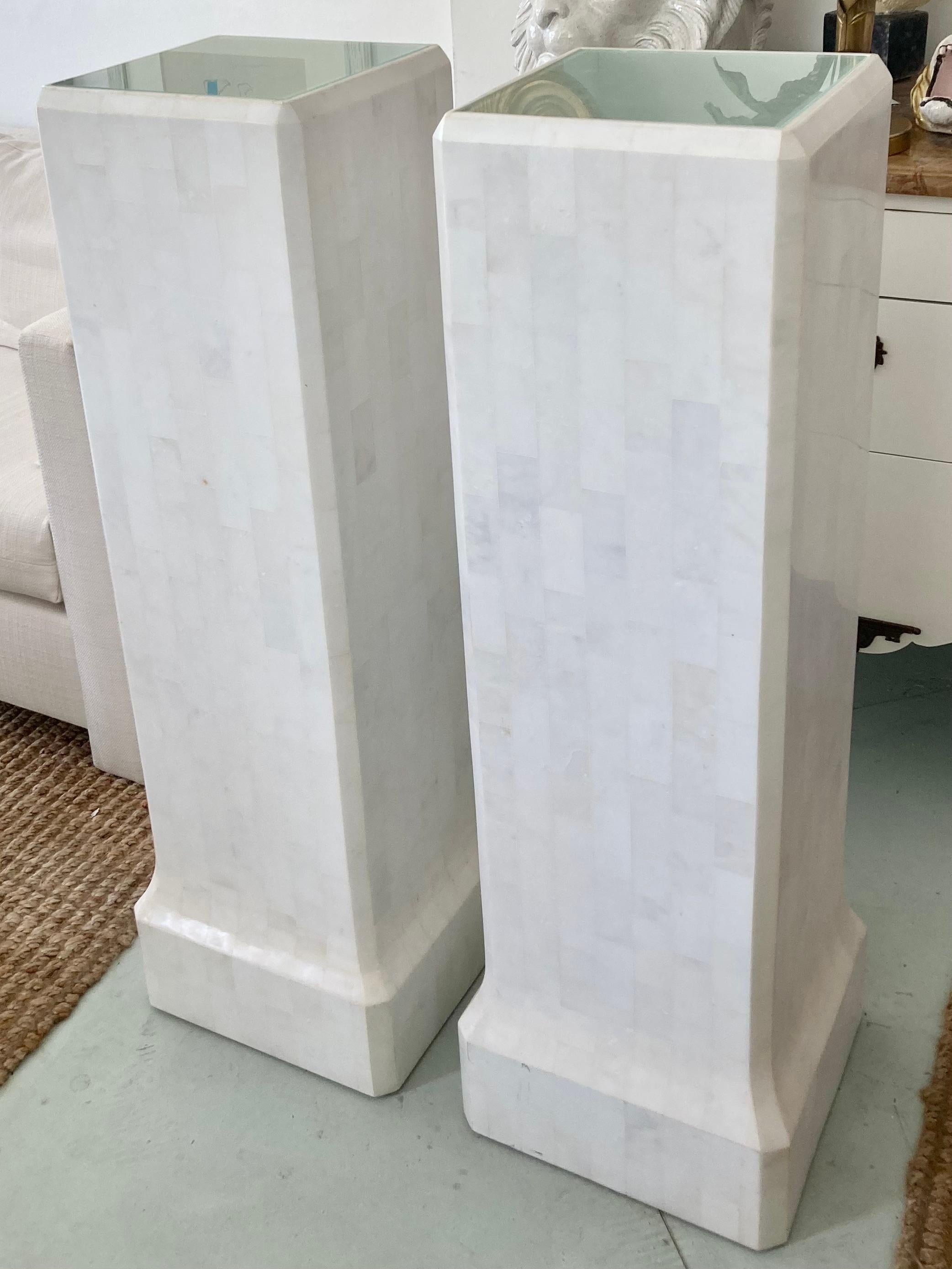 Late 20th Century Tessellated White Marble Pedestals With Lighted Surfaces, a Pair For Sale