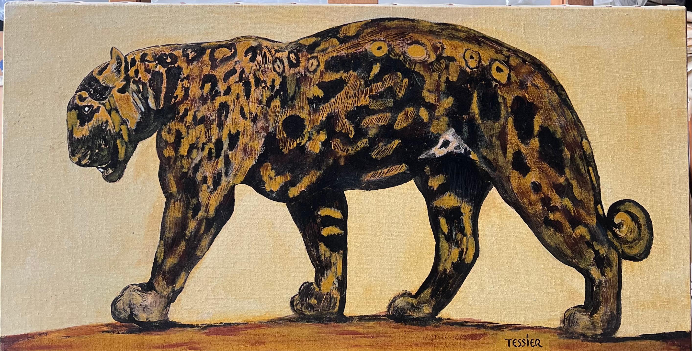 The Jaguar Cat Contemporary French Signed Oil Painting - Beige Portrait Painting by Tessier