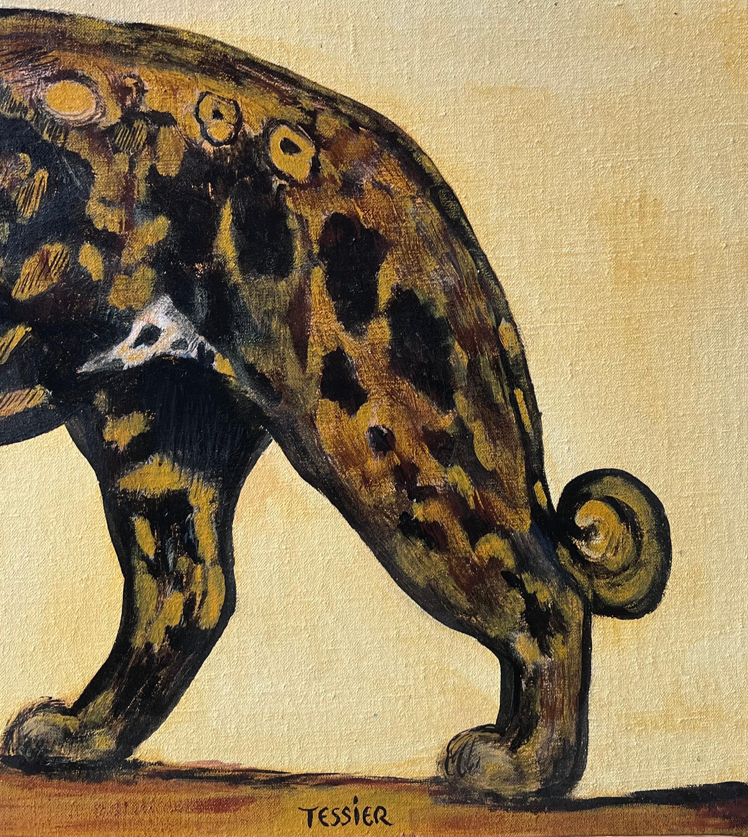 The Jaguar
French School, 21st century, 
signed lower right 'Tessier'
oil on canvas, unframed 
canvas: 16 x 31.5 inches
stamped verso
Provenance: private collection, Paris
Condition: very good condition 

For more any more information please do