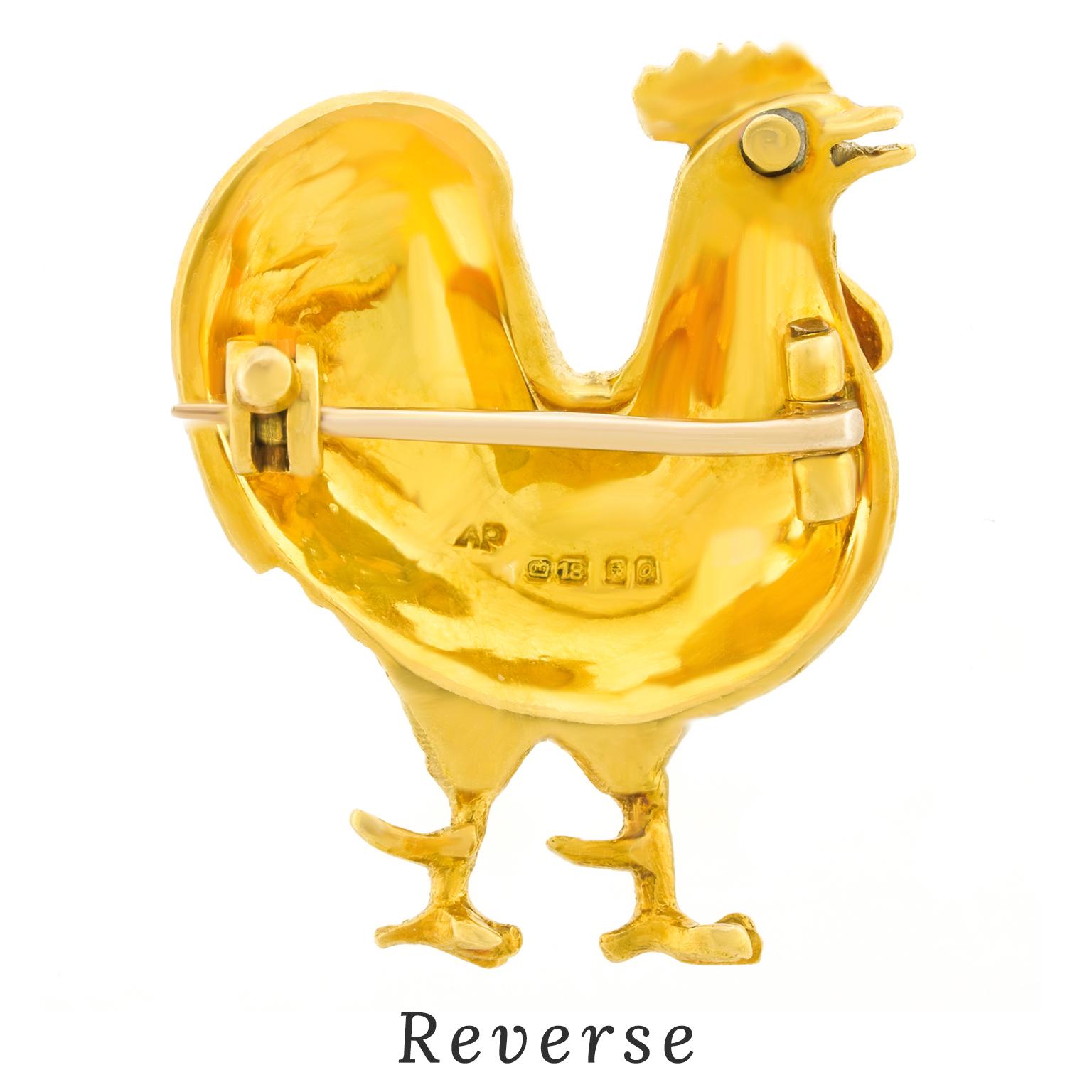 Women's or Men's Tessier London Enamel on Gold Rooster Brooch For Sale