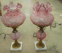 Pair of Fenton Art Glass and Marble Hurricane Table Lamps