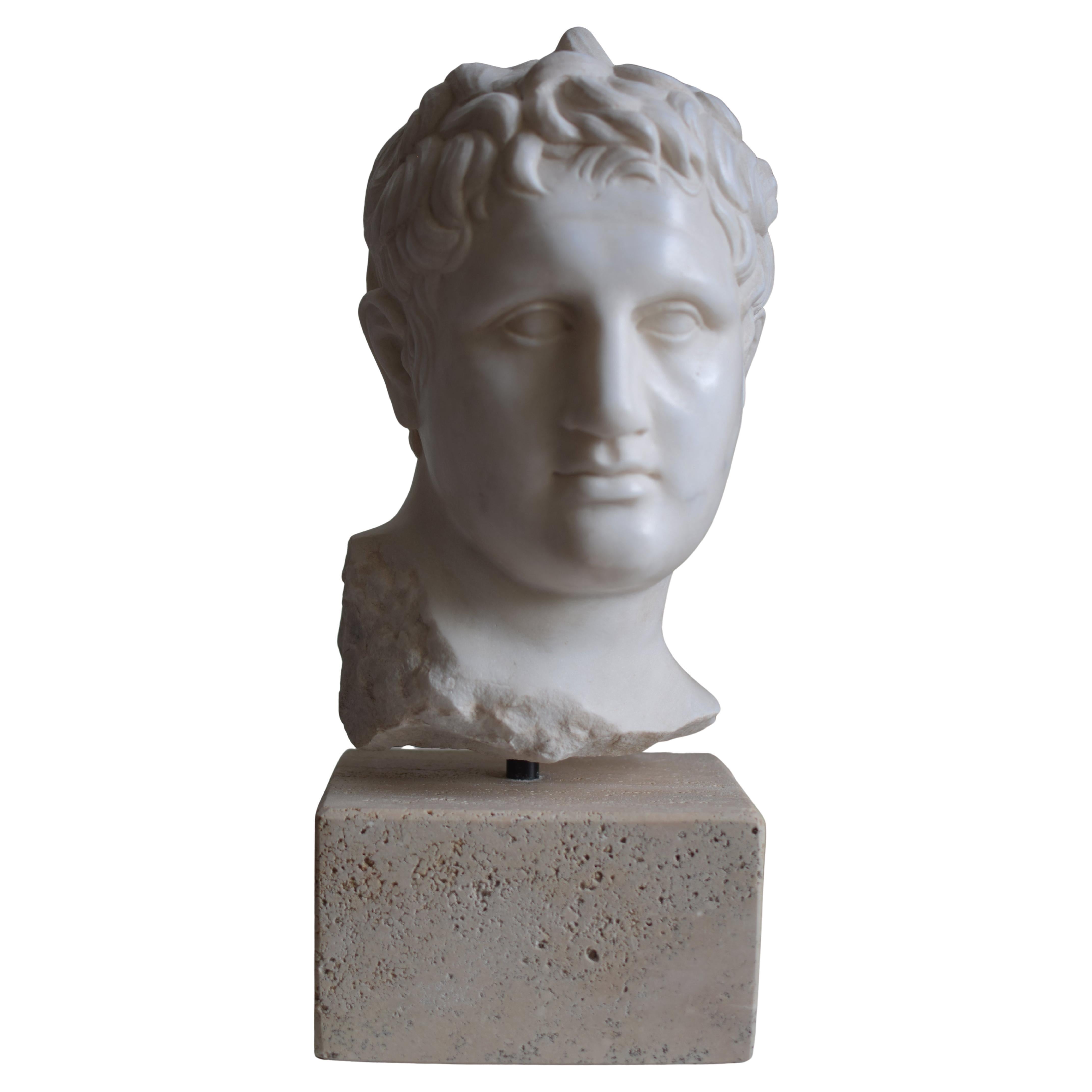 Apoxyomenos head -Athlete cleansing -white marble Carrara-made in Italy