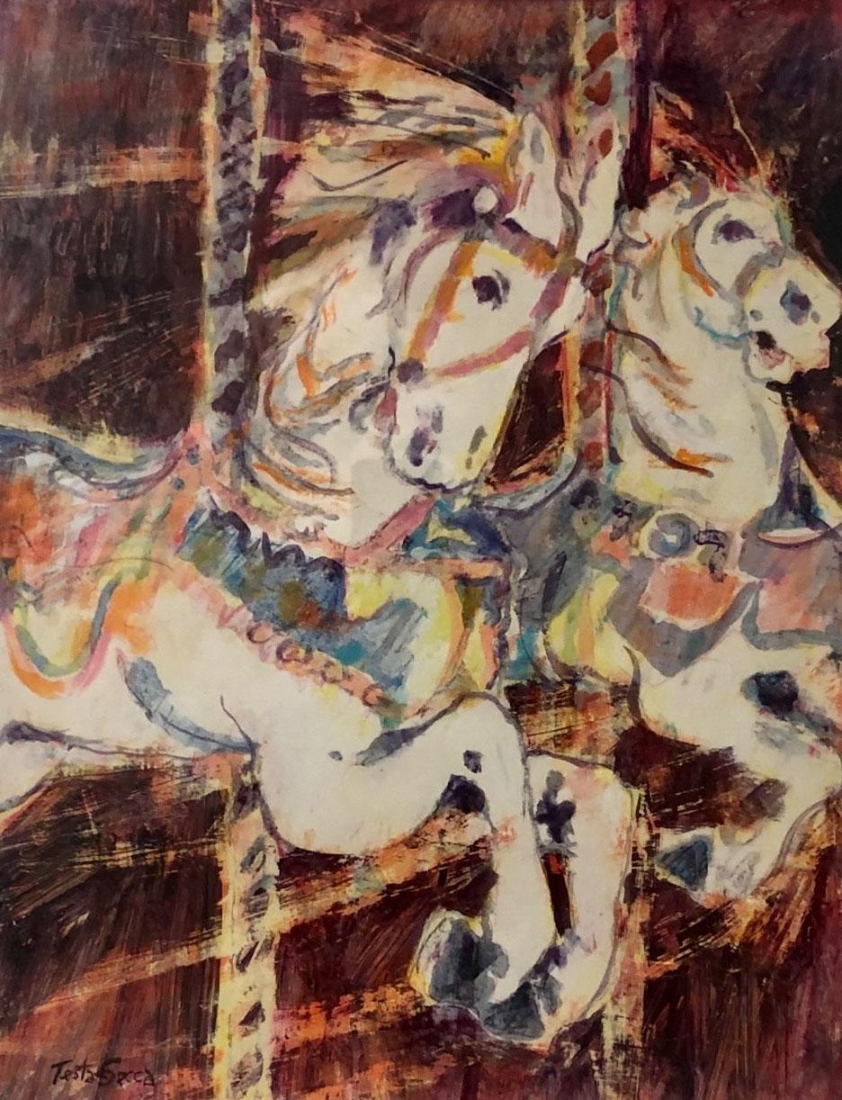 Aquarelle de Joe Testa-Secca représentant des chevaux de carrousel, encadrée. Circa très début des années 1980. Testa-Secca est un artiste très connu de Tampa. On peut trouver ses œuvres dans des galeries et des collections privées en Floride et