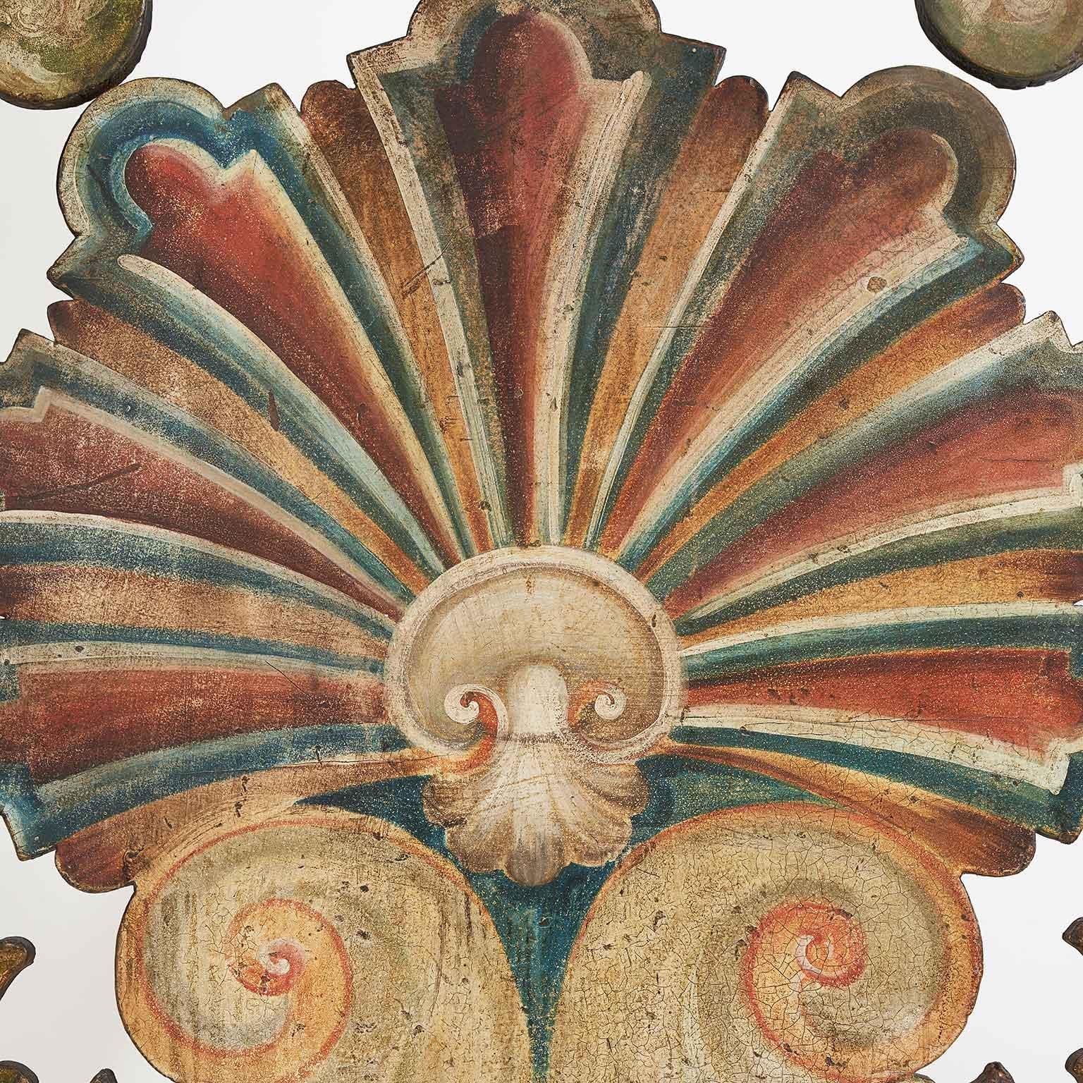 Italian Double Bed Headboard in Painted Wood with Shell and Leafy Volutes.  Handcrafted from fir wood in the second half of the 20th century, this antique double headboard is a softly shaped panel, 170 cm high and 180 cm wide, ideal for a double