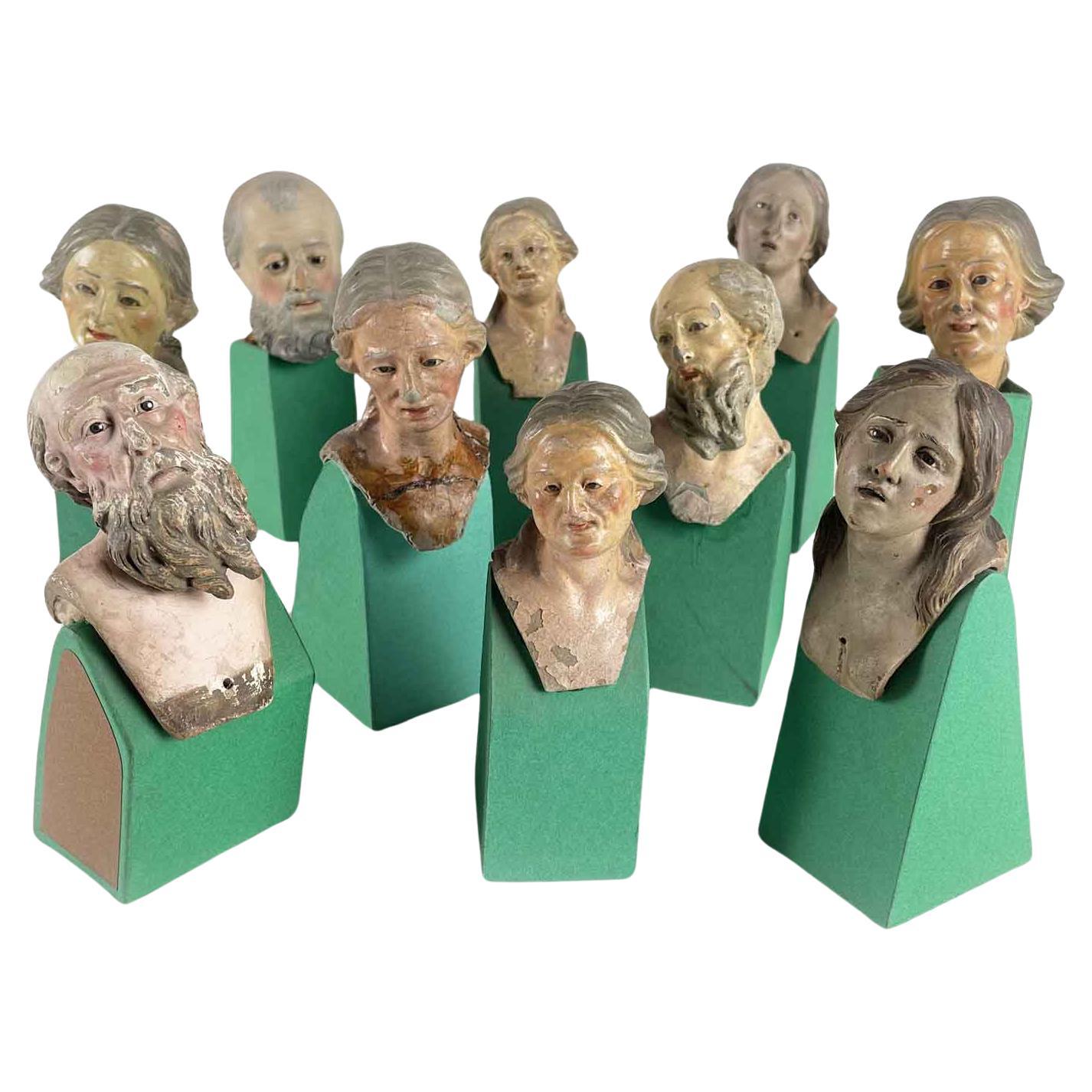 Neapolitan Polychrome Terracotta Nativity Heads from the 1700s Set of Ten Figures