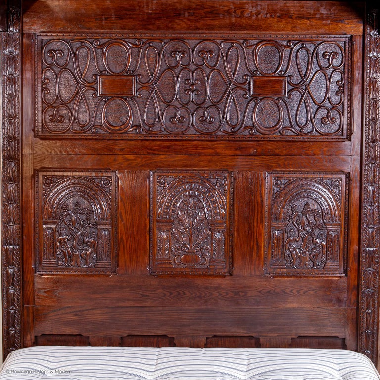 English Tester Four Poster Bed Oak Renaissance Style Carved Adam Eve Armorials Tapestry For Sale