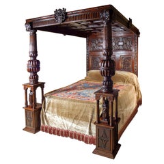 Retro Tester Four Poster Bed Oak Renaissance Style Carved Adam Eve Armorials Tapestry