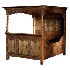 Antique Tester or Four Poster Double Bed, Early to Mid-17th Century, German Baroque, Oak