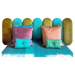 Testiera Artigianale in Velluto di Carlotta Oddone; Righe, Lime, Azzurro