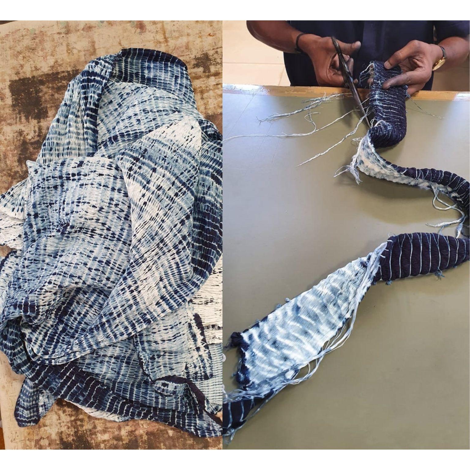 TESU Indigogoldfarbene Seide  Schal mit klassischem Shibori-Druck, handgefertigt von Artisans im Angebot 15