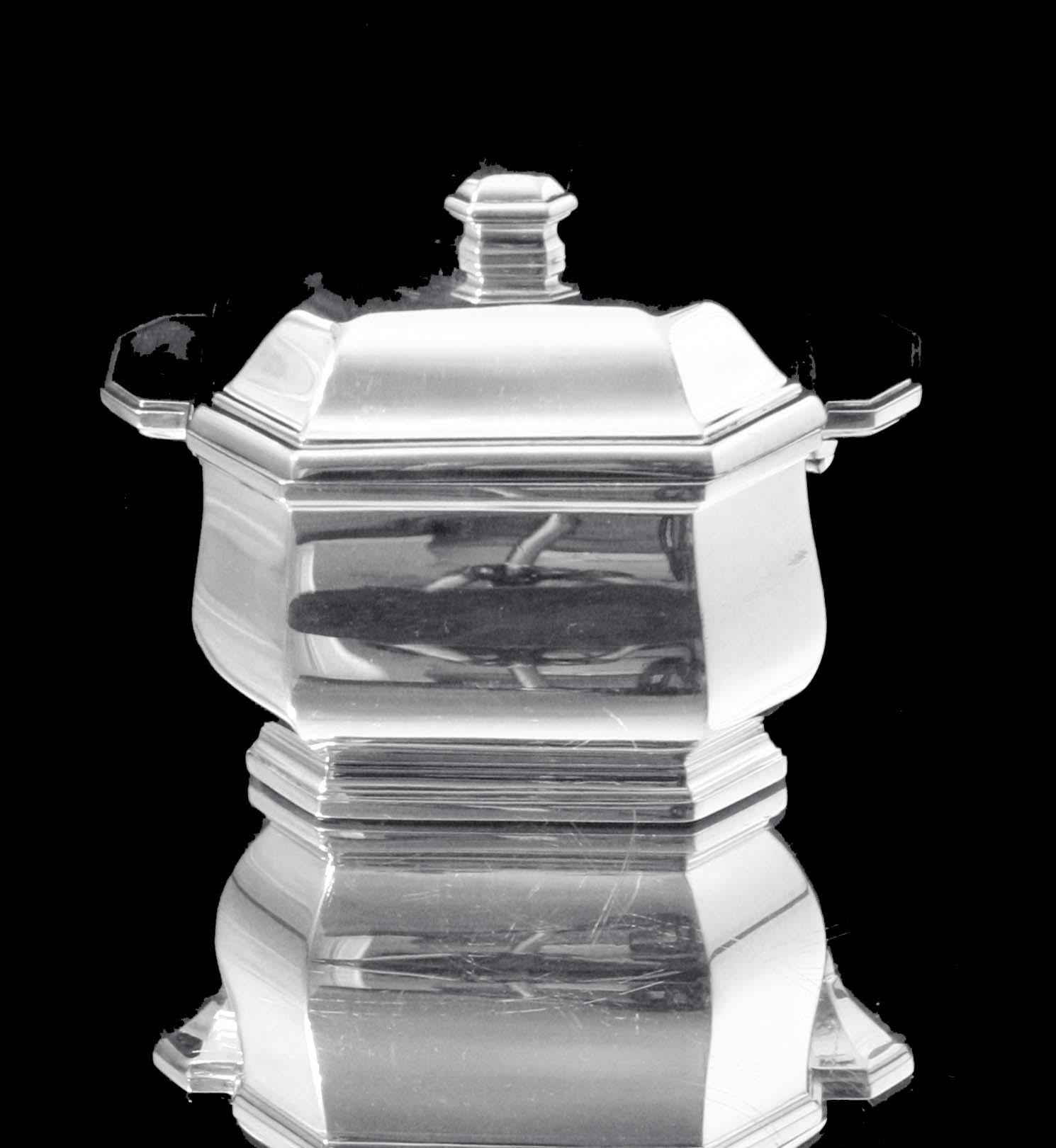 Tetard - 4pc. Original French Art Deco 950 Sterling Silver Tea Set + Tray For Sale 6