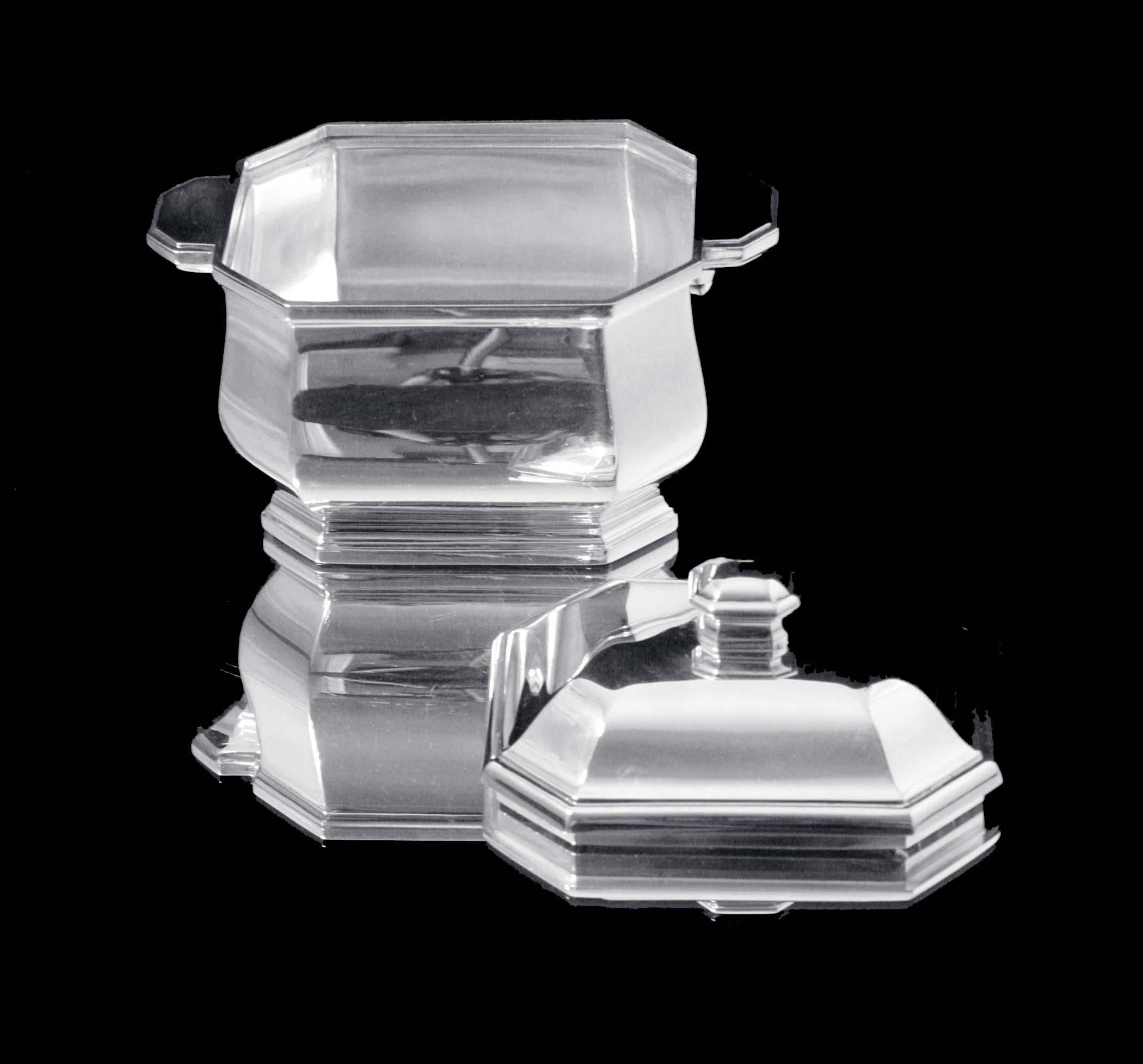 Tetard - 4pc. Original French Art Deco 950 Sterling Silver Tea Set + Tray For Sale 9