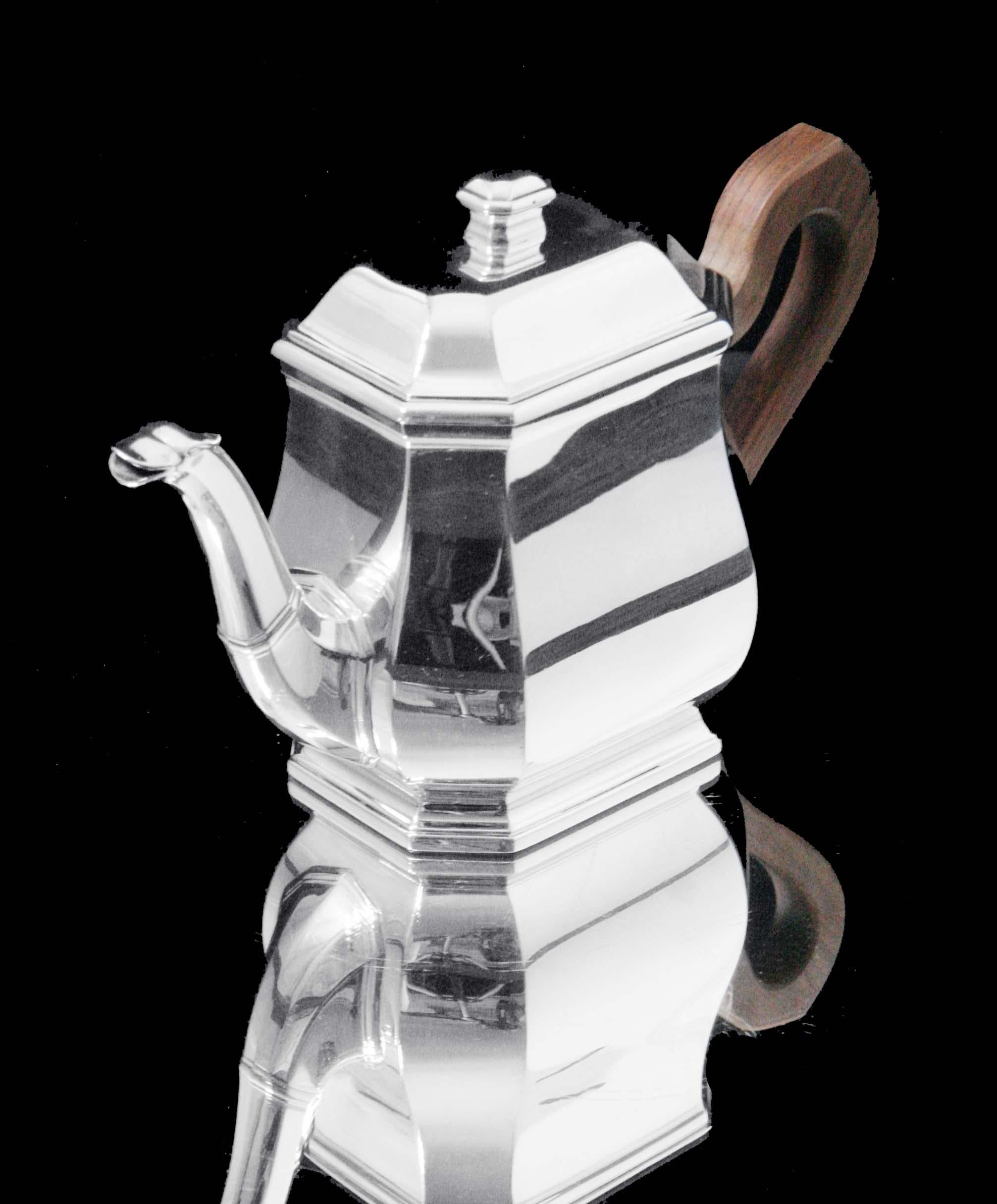 Tetard - 4pc. Original French Art Deco 950 Sterling Silver Tea Set + Tray For Sale 11