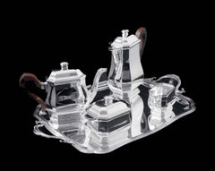 Tetard - 4tlg. Original französisches Art Deco 950 Sterling Silber Teeservice + Tablett
