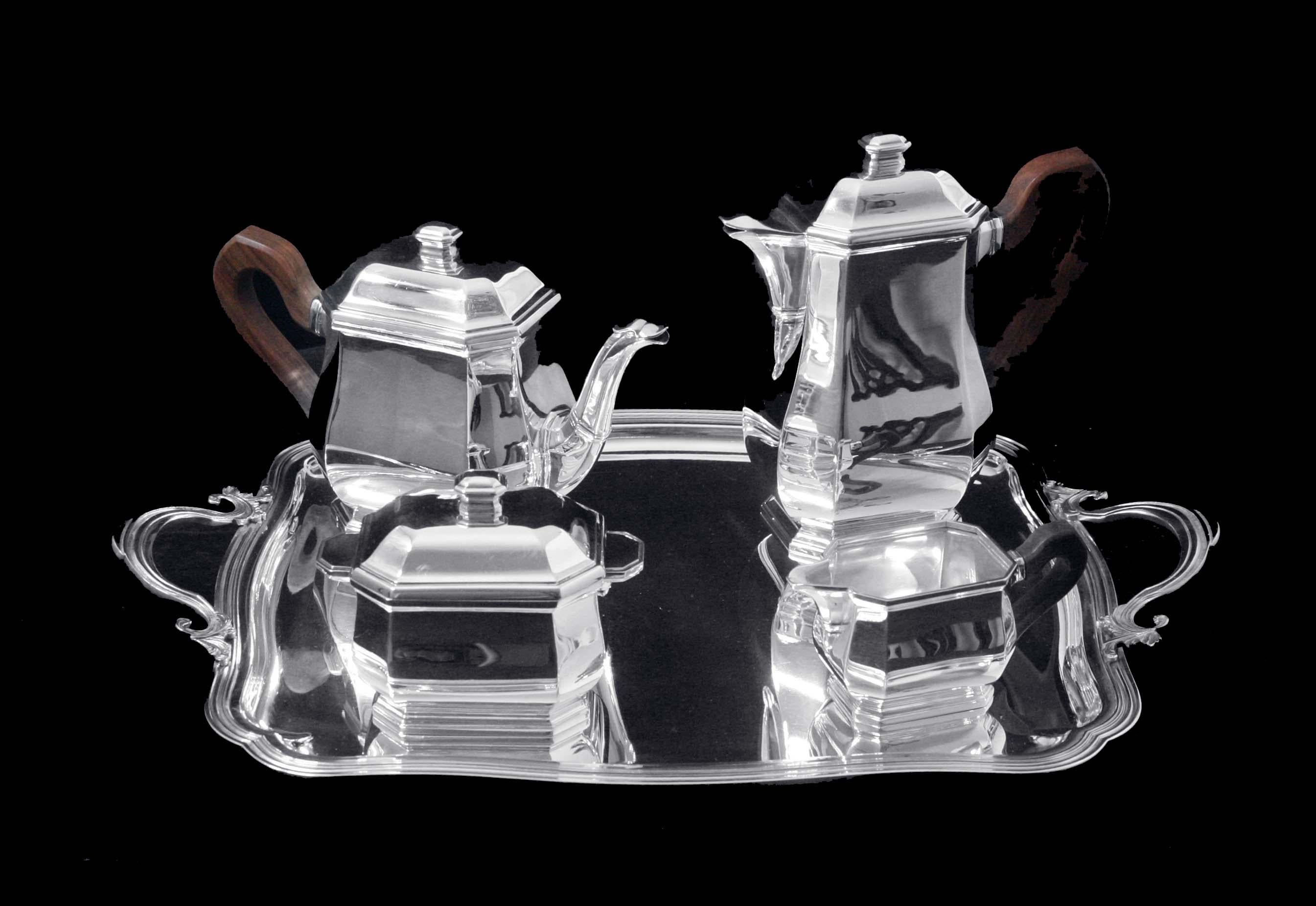 Tetard - 4pc. Original French Art Deco 950 Sterling Silver Tea Set + Tray In Good Condition For Sale In Wilmington, DE