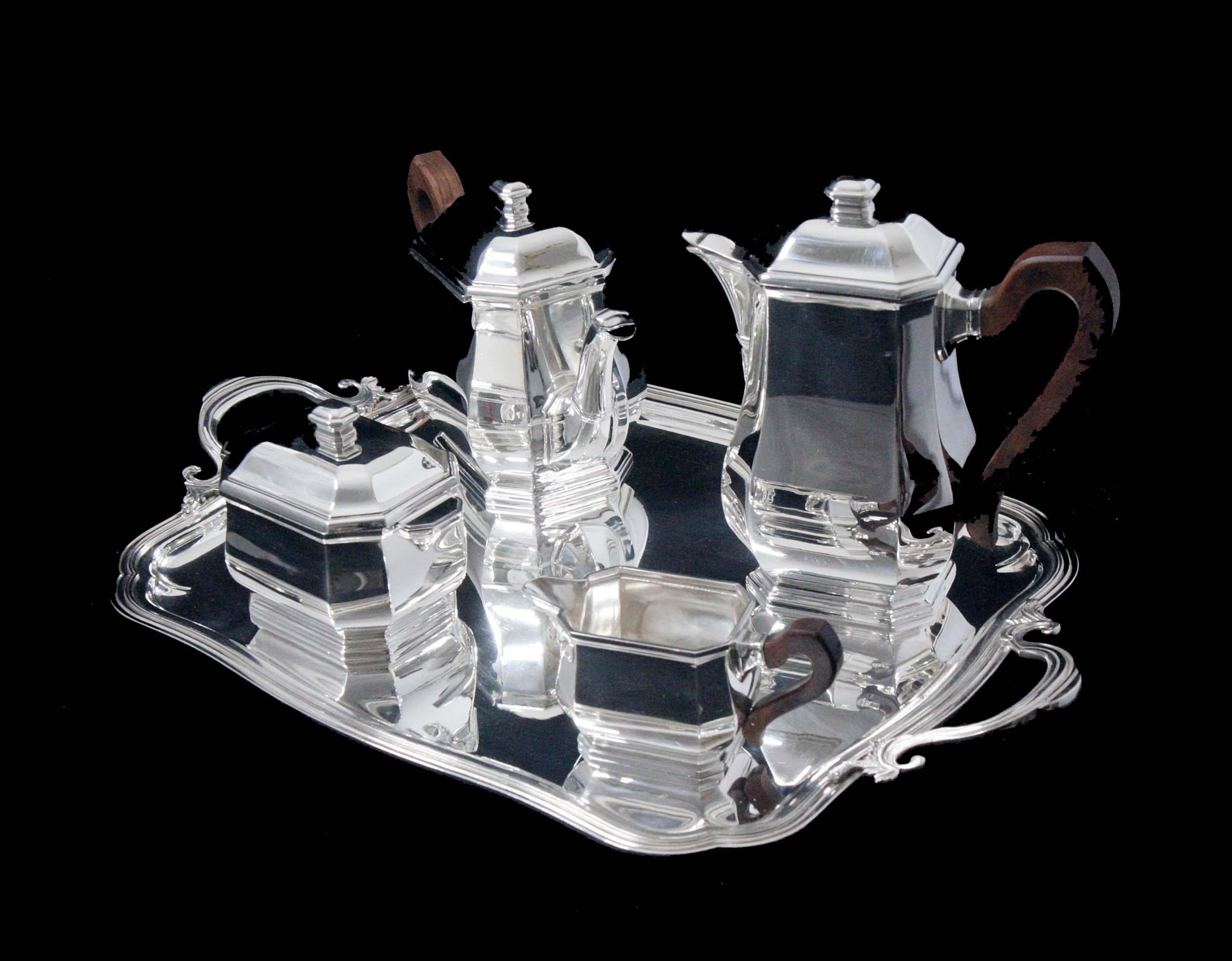 20th Century Tetard - 4pc. Original French Art Deco 950 Sterling Silver Tea Set + Tray For Sale