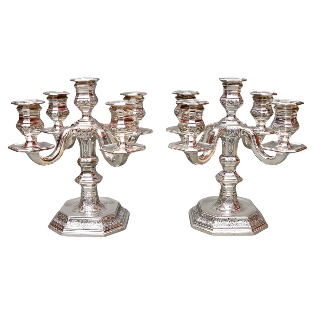 TETARD FRÈRES  Pair of low Candelabras in solid silver  CIRCA 1930 For Sale