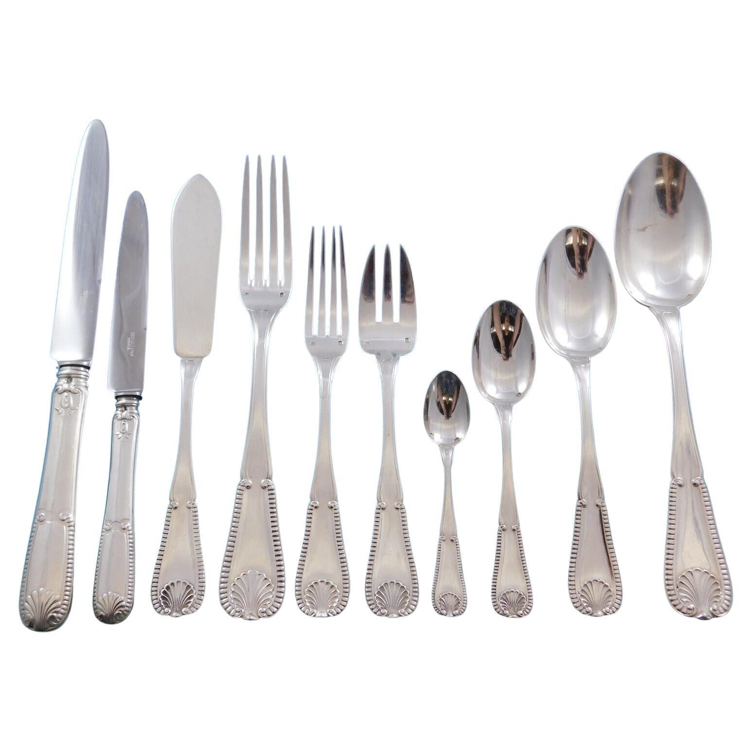 Service de couverts en argent 950 Tetard Frères coquillage et perles, 128 pièces en vente