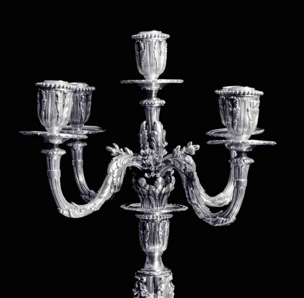 19th Century Tetard - Two French Antique Louis XVI 5-Candle 950 Sterling Silver Candelabra For Sale
