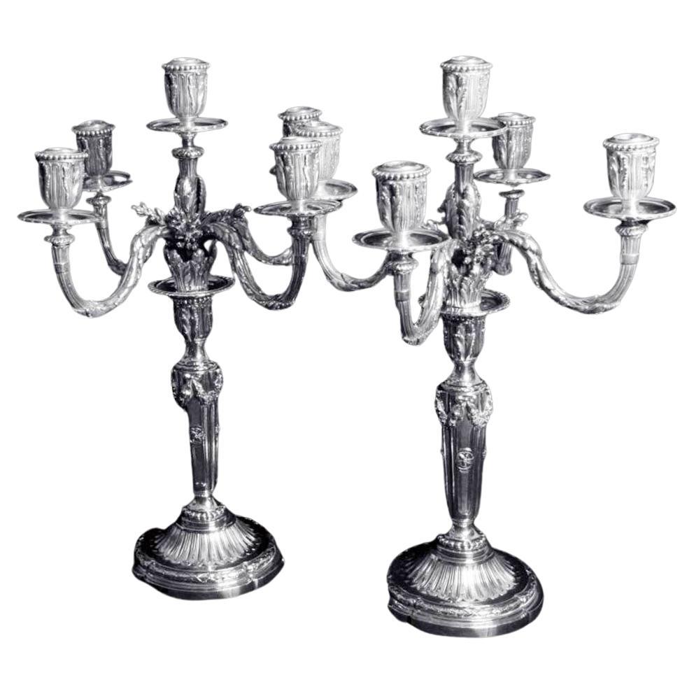 Tetard - Two French Antique Louis XVI 5-Candle 950 Sterling Silver Candelabra For Sale