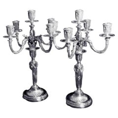 Tetard - Two French Antique Louis XVI 5-Candle 950 Sterling Silver Candelabra