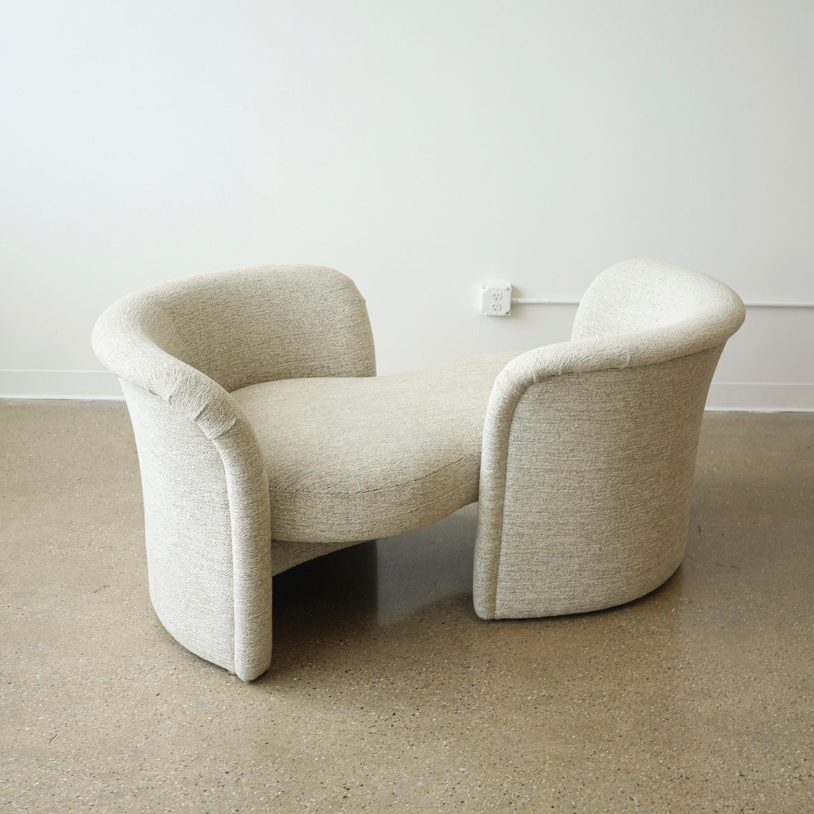 c. 1980s in excellent, restored condition - this piece has been fully reupholstered in a soft woven fabric