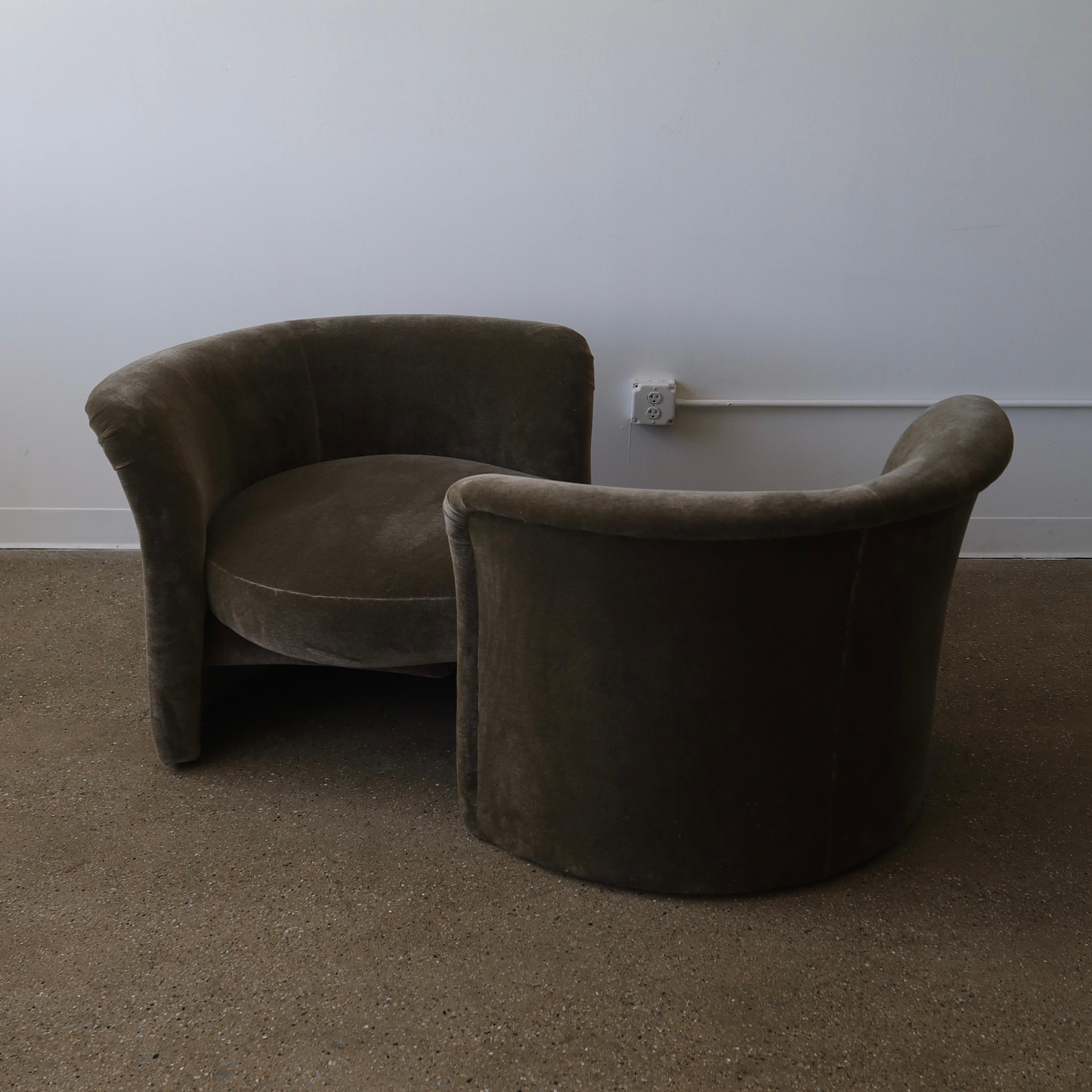 c. 1980s in excellent, restored condition - this piece has been fully reupholstered in a soft woven fabric 

