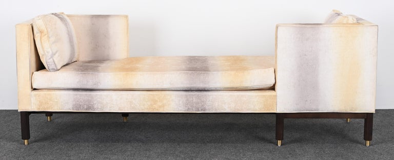 A fabulous Tete-A-Tete Sofa by Edward Wormley for Dunbar. The sofa has lovely fabric that is in good condition, however, does have some stains. Appears to be the original fabric and is structurally sound. This could be vintage era early 2000s. The