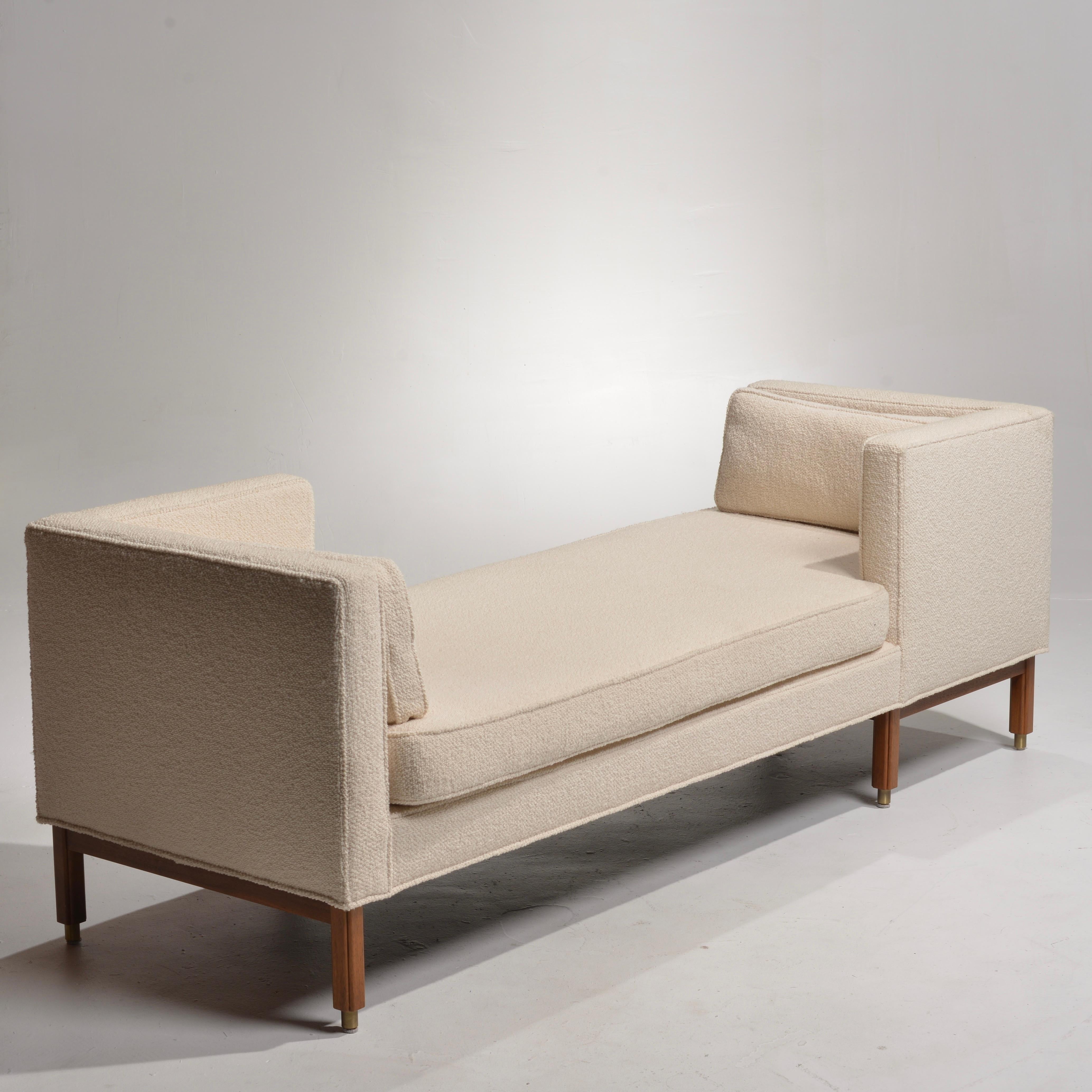The Tete-a-Tete sofa and daybed with walnut base and brass feet is a great example of Edward Wormley's clean lines and simple elegance. This piece embodies his art of assemblage, juxtaposition and composition.
