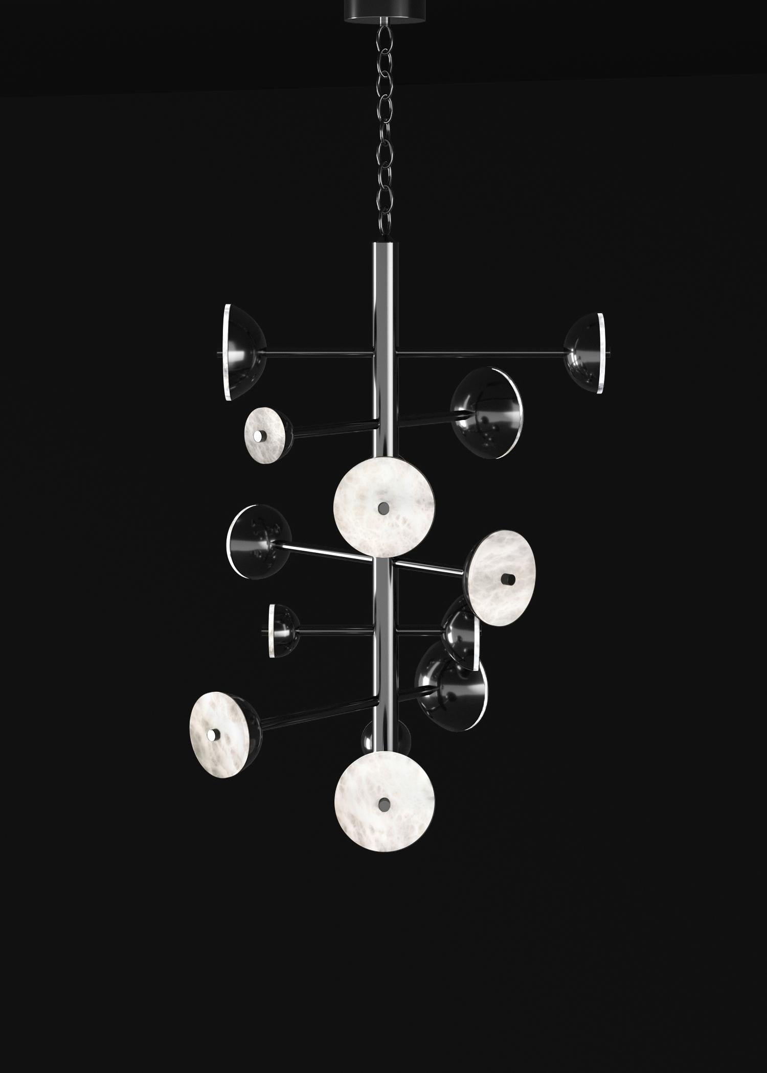 Teti Shiny Black Metal Chandelier by Alabastro Italiano
Dimensions: D 74,5 x W 77,5 x H 110 cm.
Materials: White alabaster and metal.

Available in different finishes: Shiny Silver, Bronze, Brushed Brass, Ruggine of Florence, Brushed Burnished,