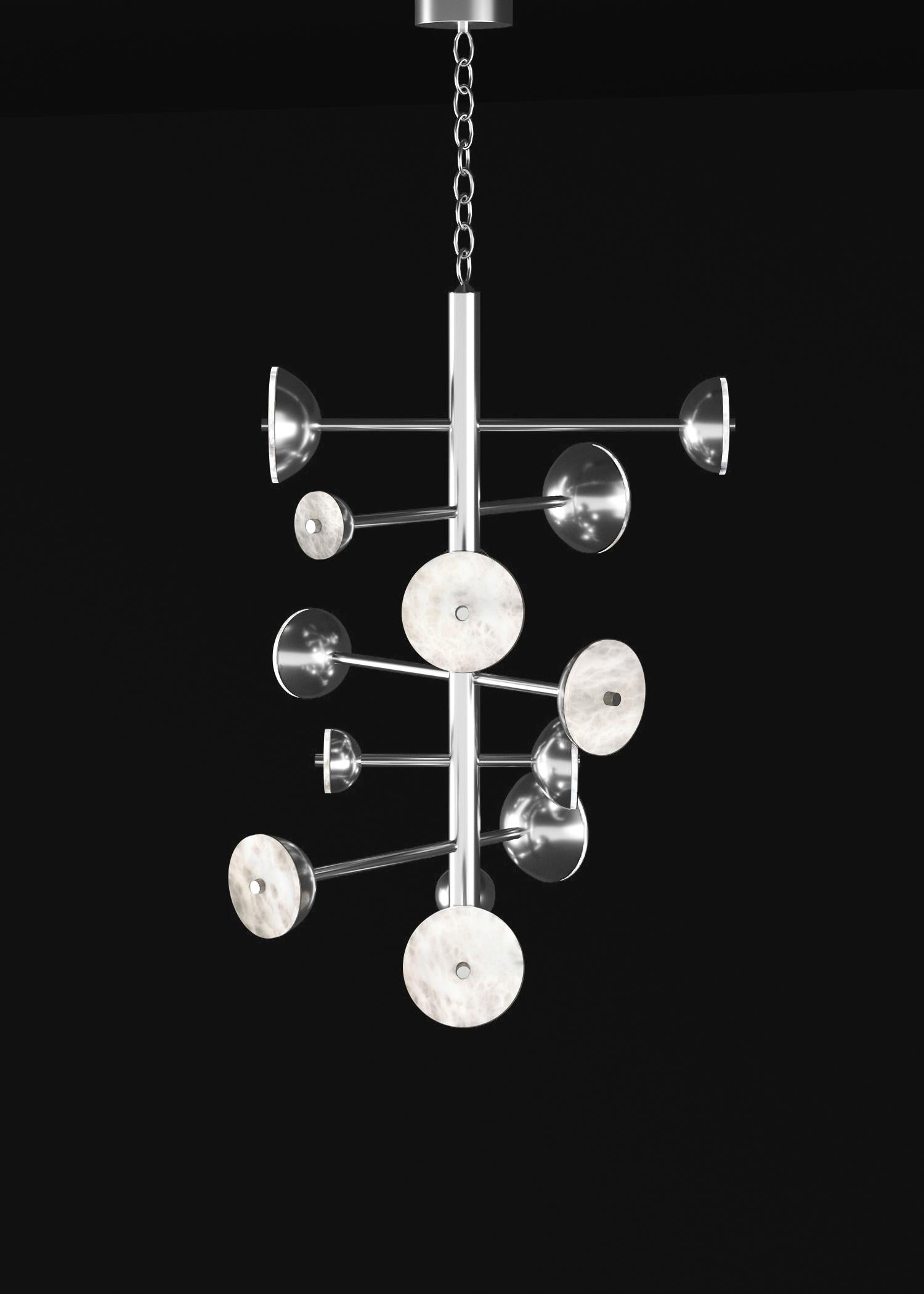 Teti Shiny Silver Metal Chandelier by Alabastro Italiano
Dimensions: D 74,5 x W 77,5 x H 110 cm.
Materials: White alabaster and metal.

Available in different finishes: Shiny Silver, Bronze, Brushed Brass, Ruggine of Florence, Brushed Burnished,