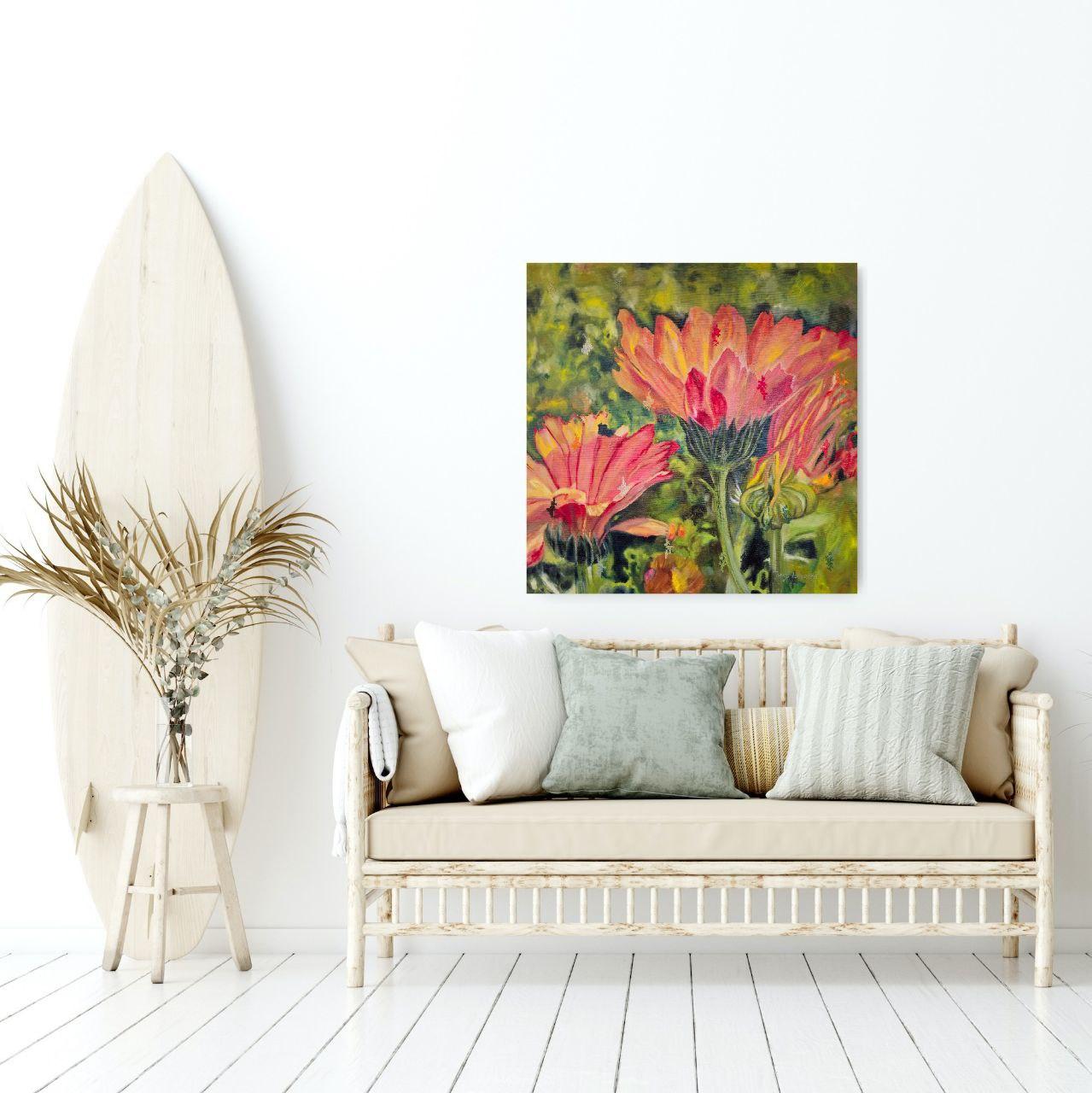 These calendula flowers seem to whisper that they can help heal humanity. They aren’t imagined or artificial — they hold life itself, remembering both our fragility and our strength. The embroidered pixels on the surface are small signals of hope,