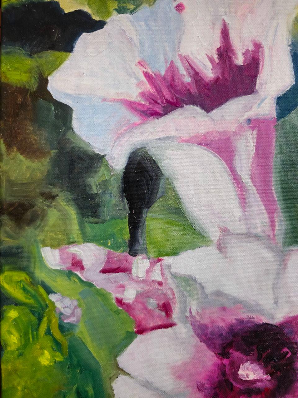 “The Flower That Feeds” belongs to the series “Plants That Feed Us” and is painted in oil with an embroidered inscription that merges text and image into a single fabric of cultural memory. At its center lies a fragile yet powerful metaphor of life: