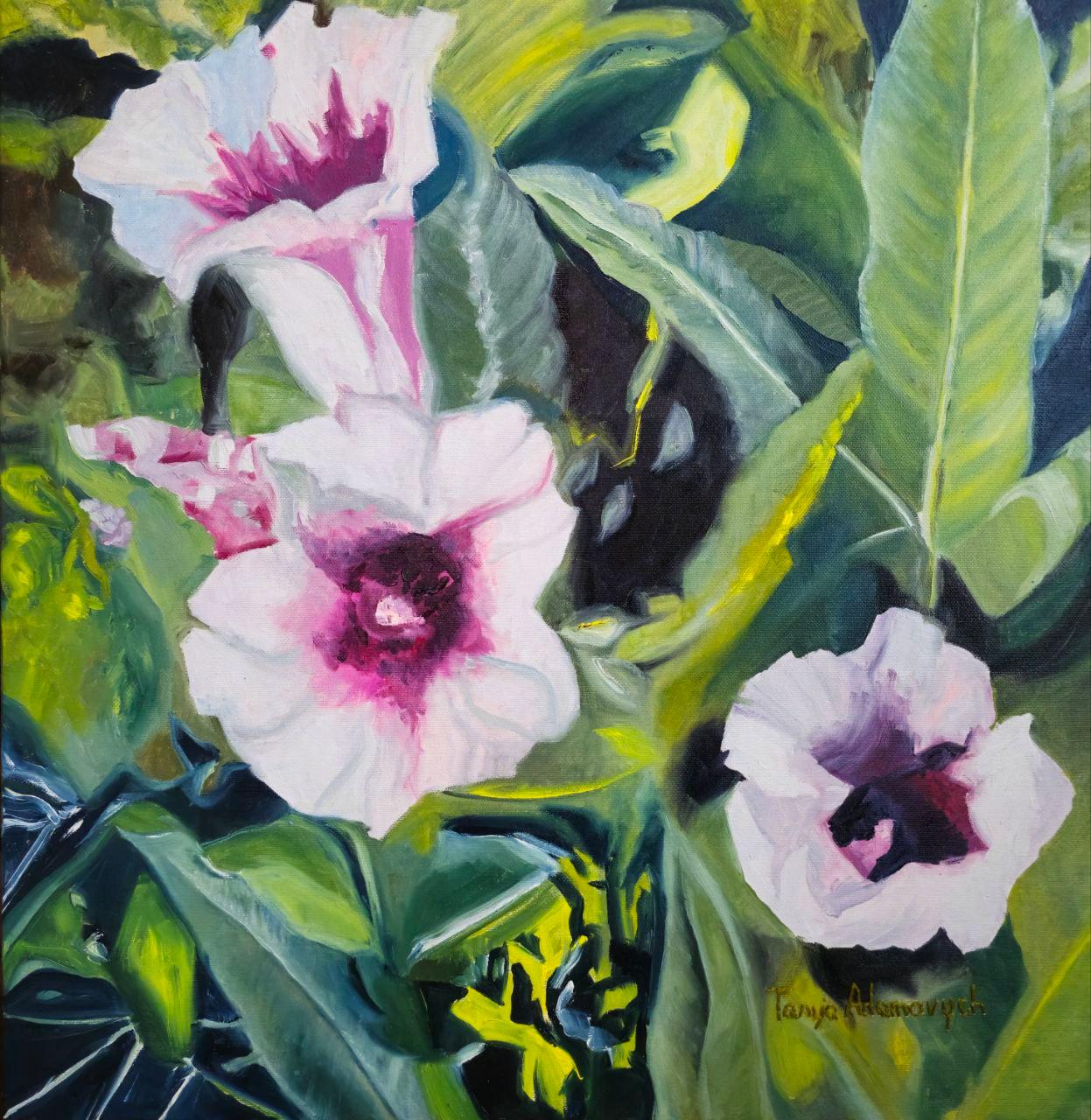 Tetiana Adamovich Landscape Painting - Potato Blossom: Earth's Generosity.series :'Plants That Feed Us''