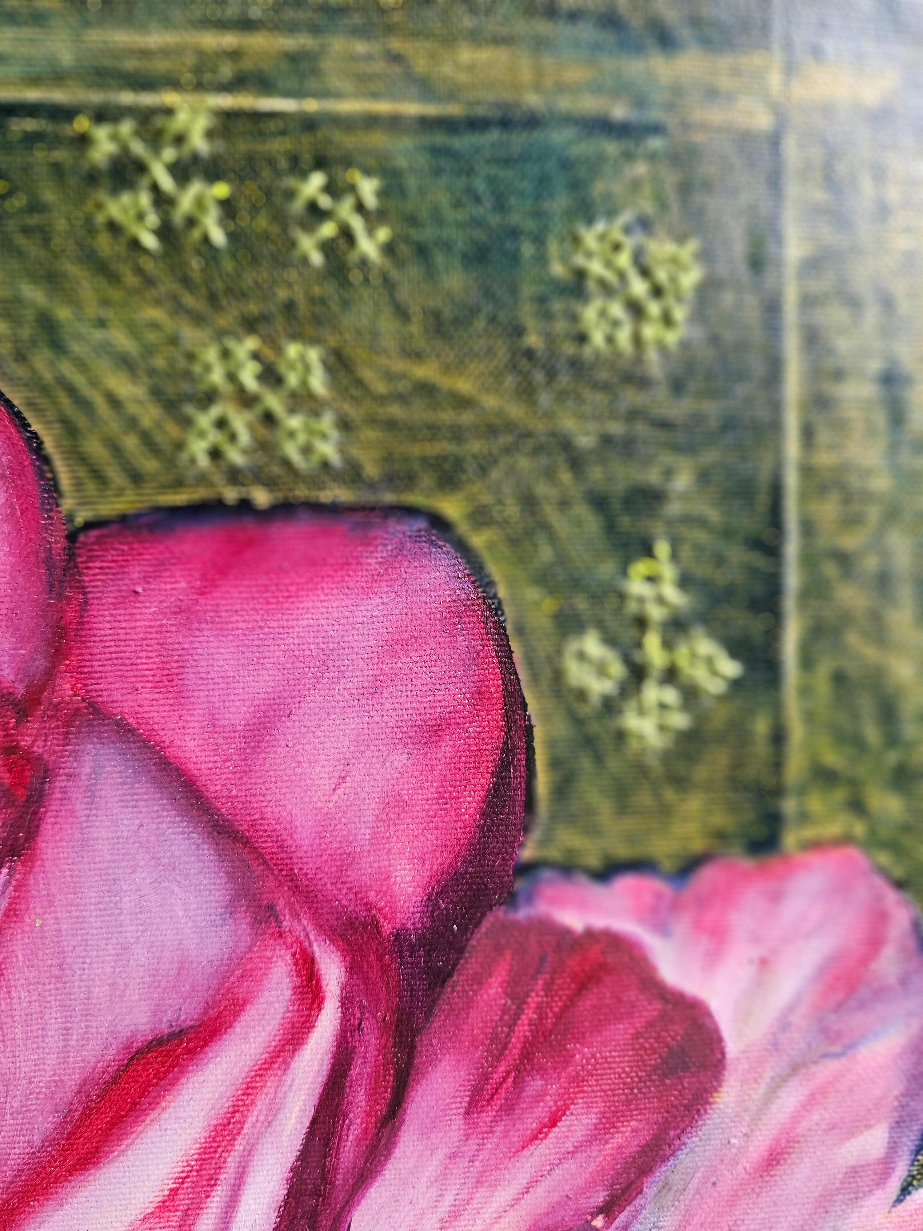 The painting conveys a feeling of fragility and at the same time deep, complex beauty. The central element of the composition is a flower, which seems to reveal its layers, like cultural layers accumulated over time. Flower petals are depicted with