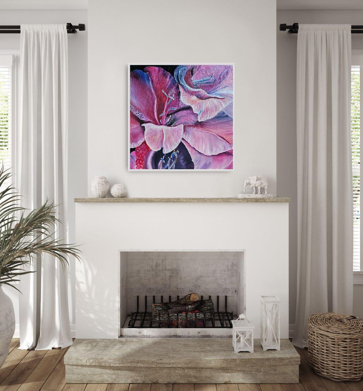 Questo quadro incarna la fragile bellezza della natura, riflettendo al contempo la sua complessità e profondità. I petali dei fiori, realizzati nelle ricche tonalità del viola e del rosa, ci ricordano la mutevolezza e la ricchezza emotiva della