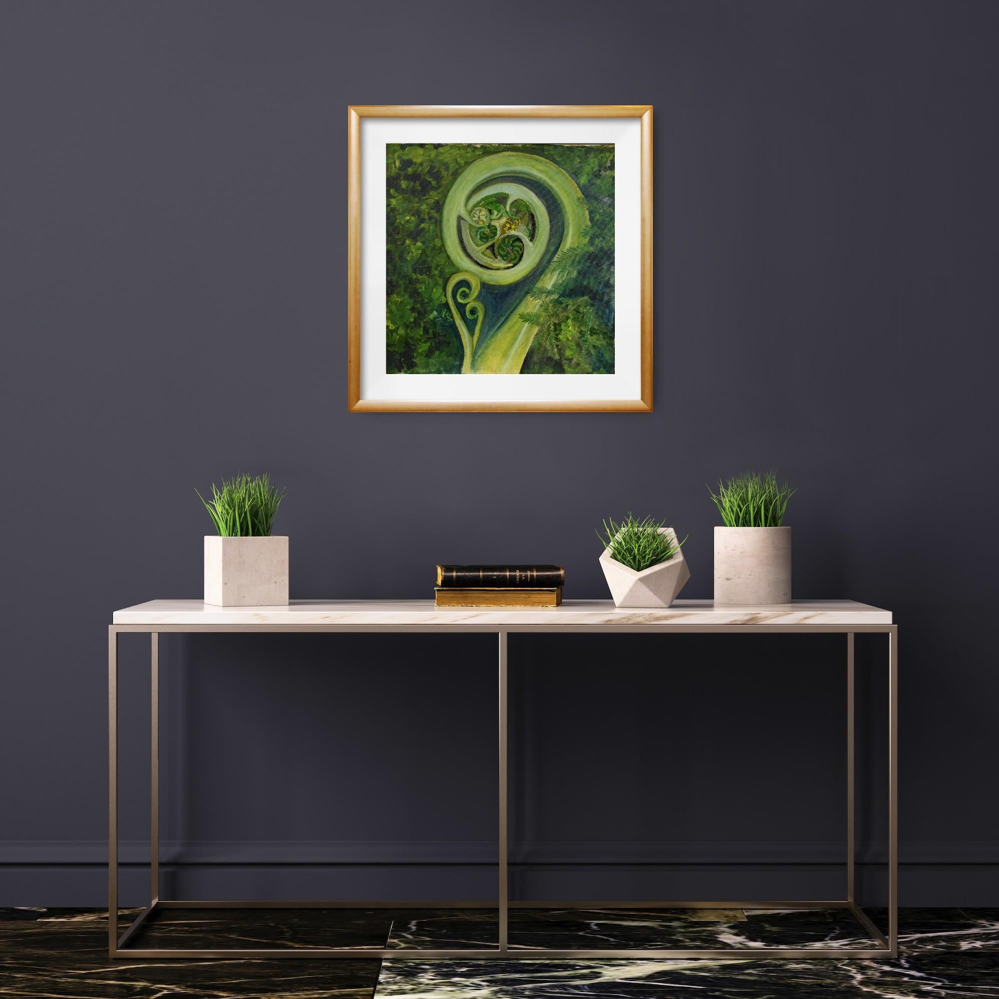 Questo lavoro combina pittura e ricamo per creare una profondità testuale unica. Il centrotavola è una felce arricciata, che simboleggia il ciclo della vita e della Nature. I toni del verde trasmettono la freschezza dell'ambiente forestale, mentre i