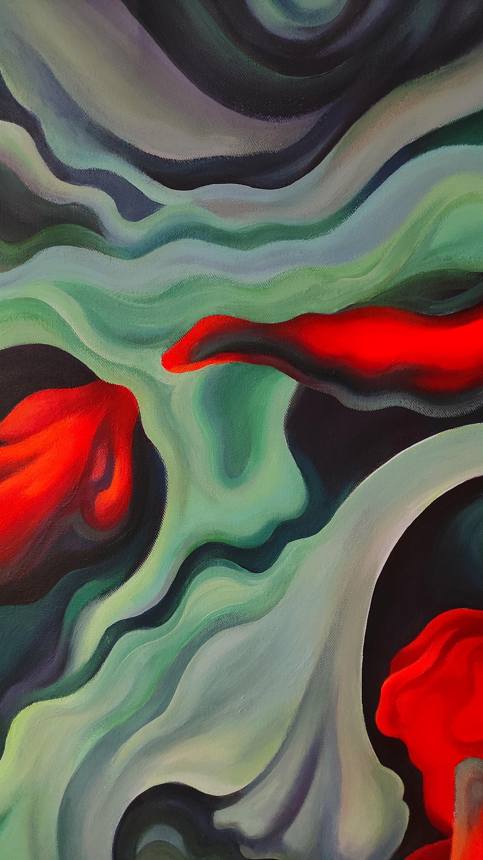 In dieser surrealen Geschichte sitzt ein kleiner Engel in Rot am Rande seiner eigenen Erinnerungen - in einem Brunnen, in dem das Wasser so rein fließt wie eine Kinderseele. Zarte Blumen umgeben ihn wie die verborgene Wärme und Freude der frühen