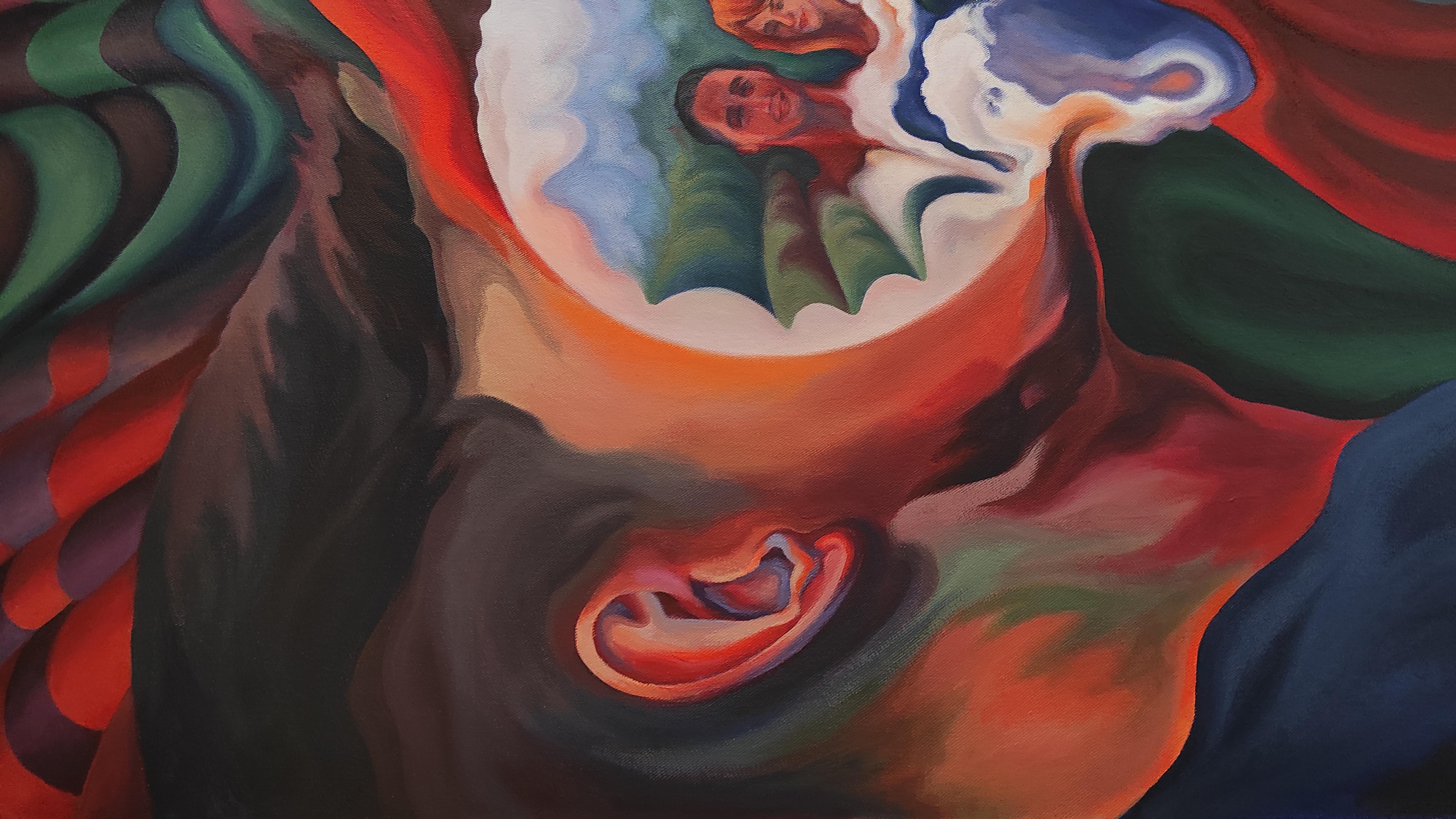 The painting “Reciprocity” is a visual meditation on the moment of fusion of two principles: feminine and masculine, spiritual and physical, internal and external. In it, a surrealistic image of two faces—a young woman with fiery neon-orange hair