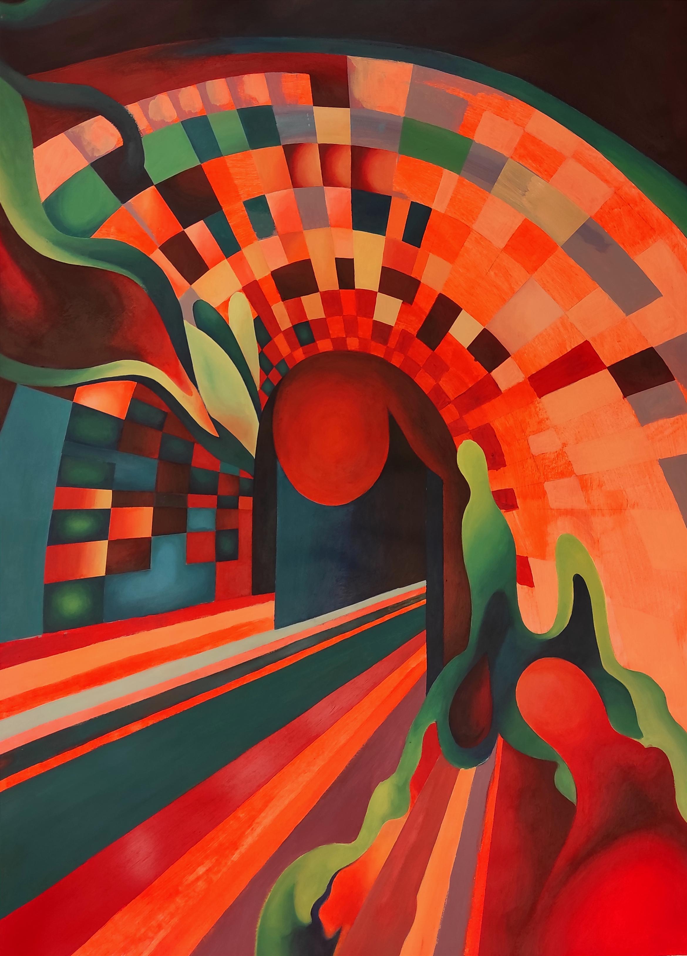 Beschreibung:
Das Gemälde ist auf strukturiertem Gips gemalt und erinnert an ein altes Fresko, das einst die Wand einer alten Taverne geschmückt haben könnte, wo die Zeit Spuren von Wärme und Wein hinterlassen hat. Auf einem satten Hintergrund aus