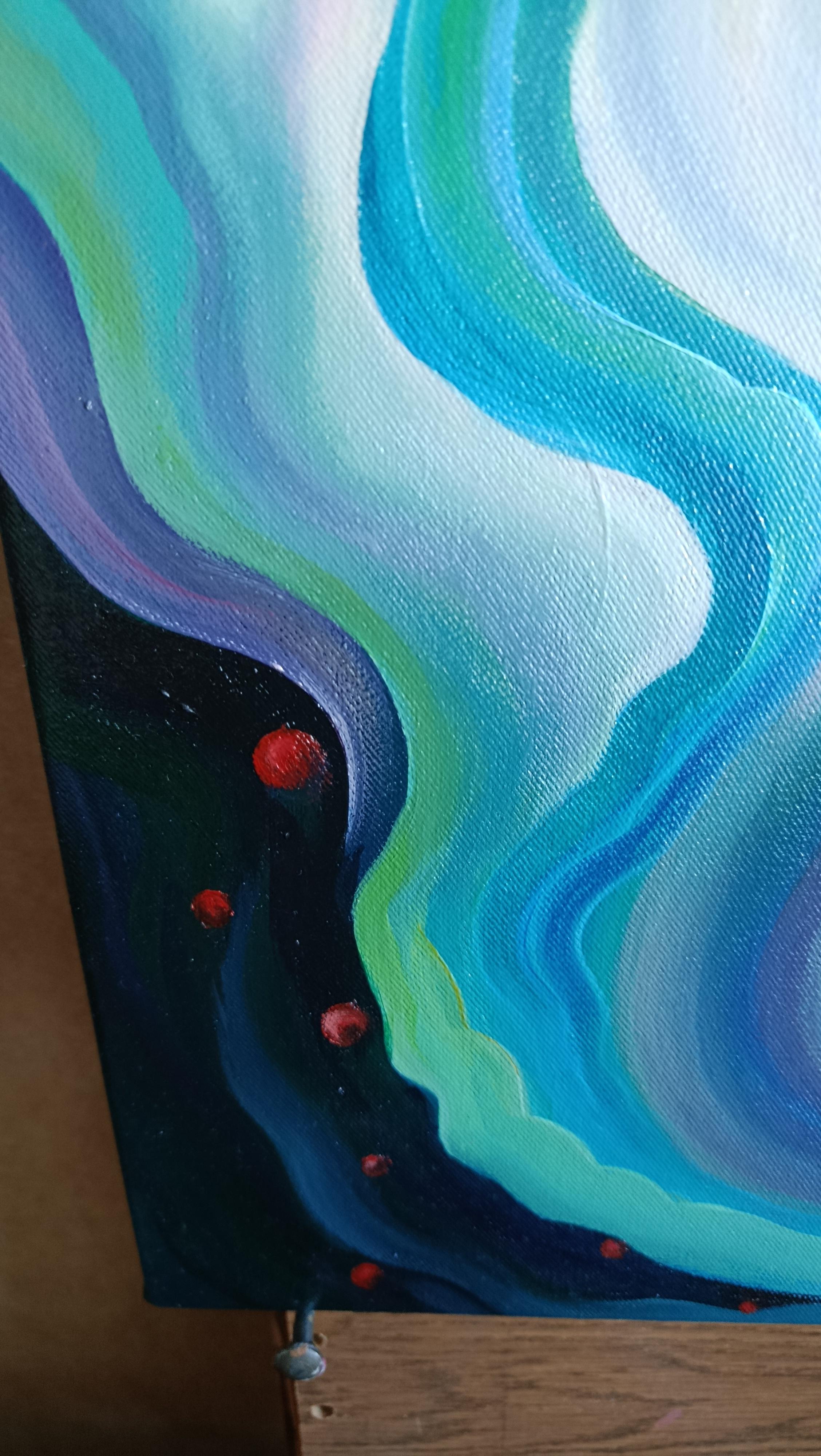 In dem surrealen Raum dieses Gemäldes entfalten sich die Grüntöne des Frühlings so sanft wie die erste Wärme nach einer langen Nacht. Das klare Wasser spielt mit den Wellen, mit dem Wind und mit dem Sonnenlicht, das gerade über den Horizont zu