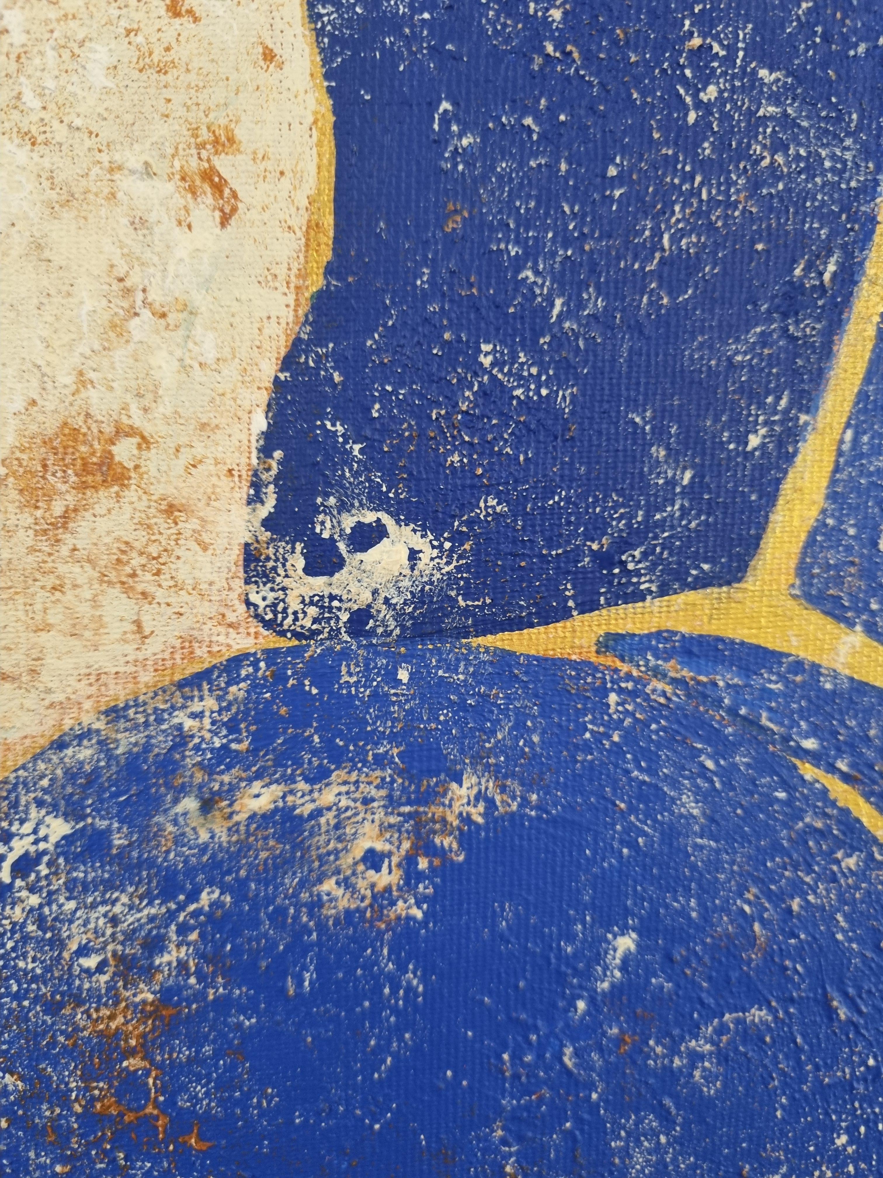 This is not merely an image, but a shadow of time emerging through the layers of centuries. A blue figure, outlined in gold, appears upon an ochre surface of an ancient fresco — a herald of what has not yet happened, yet already woven into the