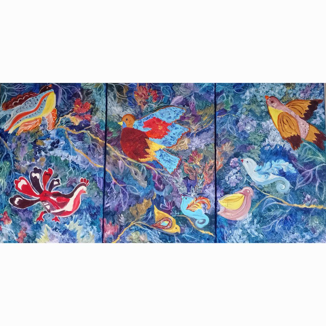 In my newest creation, "Birds of the Mythical Woods," part of the enchanting "Myths" series, I delve into the ethereal realm where nature and folklore intertwine. This triptych brings to life an array of birds set in a fantastical forest, each bird