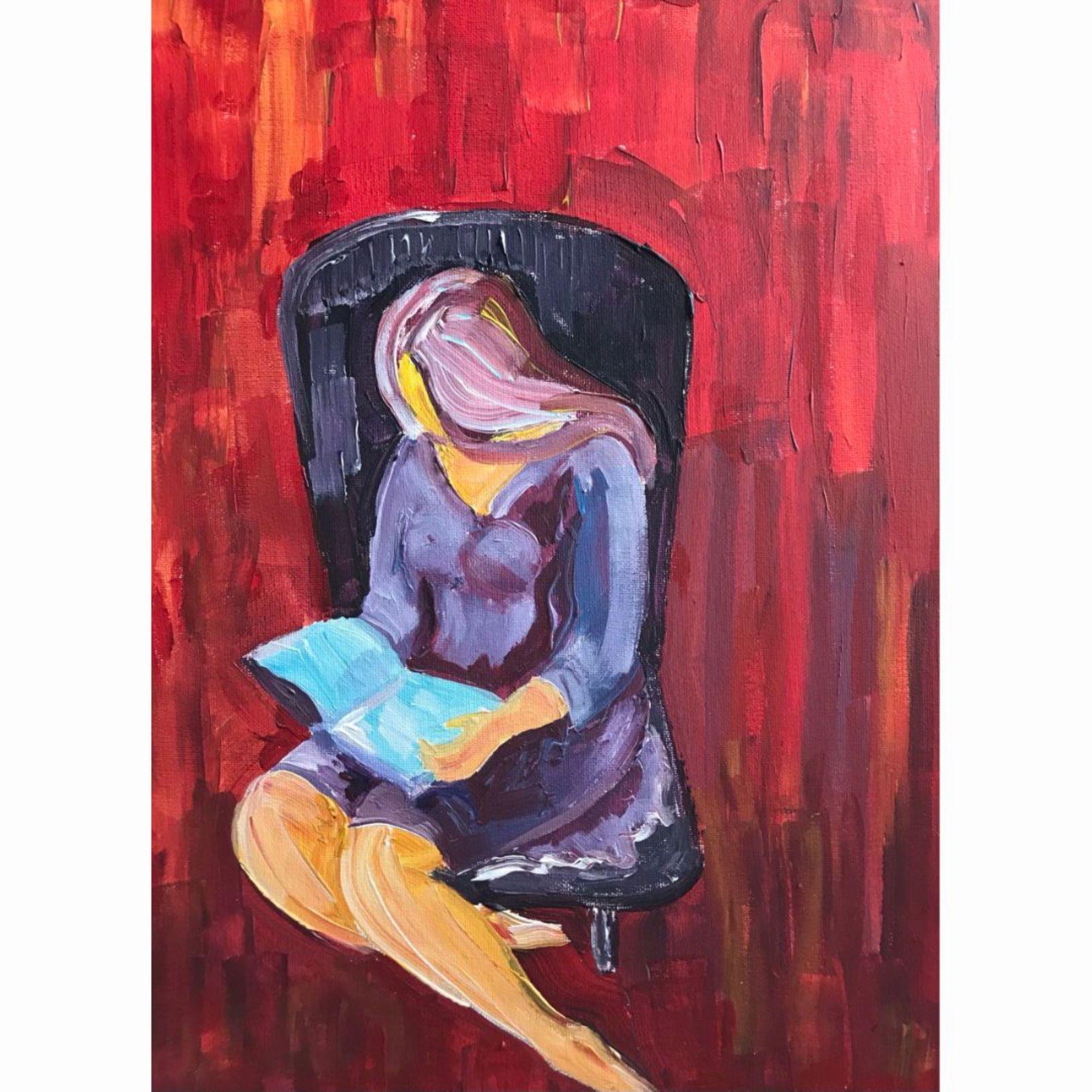 Tetiana Pchelnykova Figurative Painting - Black chair, "The Joy Series: A Journey to Inner Happiness" series 