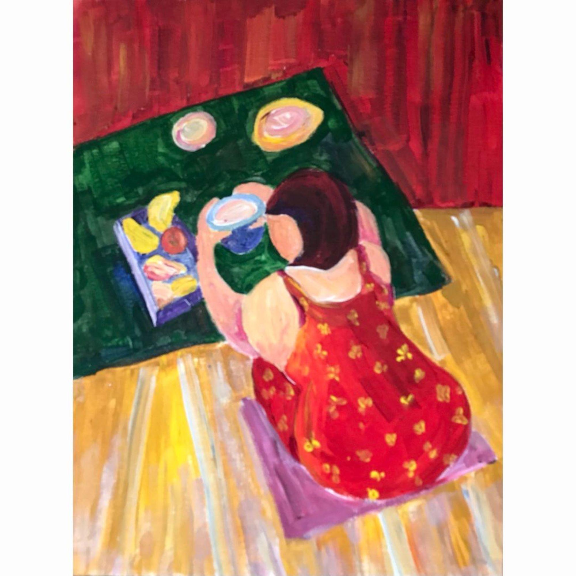 Tetiana Pchelnykova Figurative Painting - Breakfast, "The Joy Series: A Journey to Inner Happiness" series 